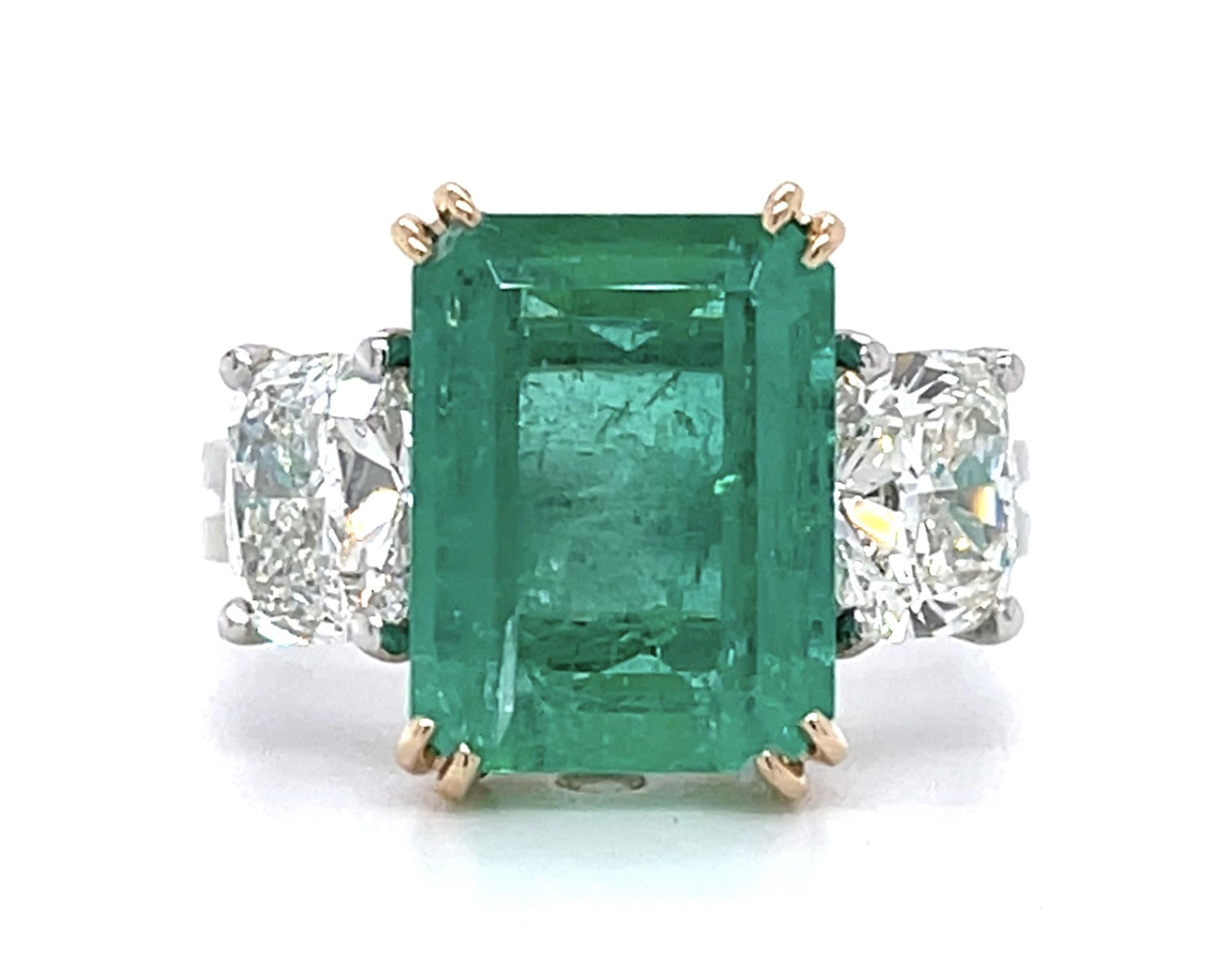 4.27ct Colombian F2 Emerald 1ct I SI2 Dia 1ct J SI2 Dia Platinum+18KY Ring