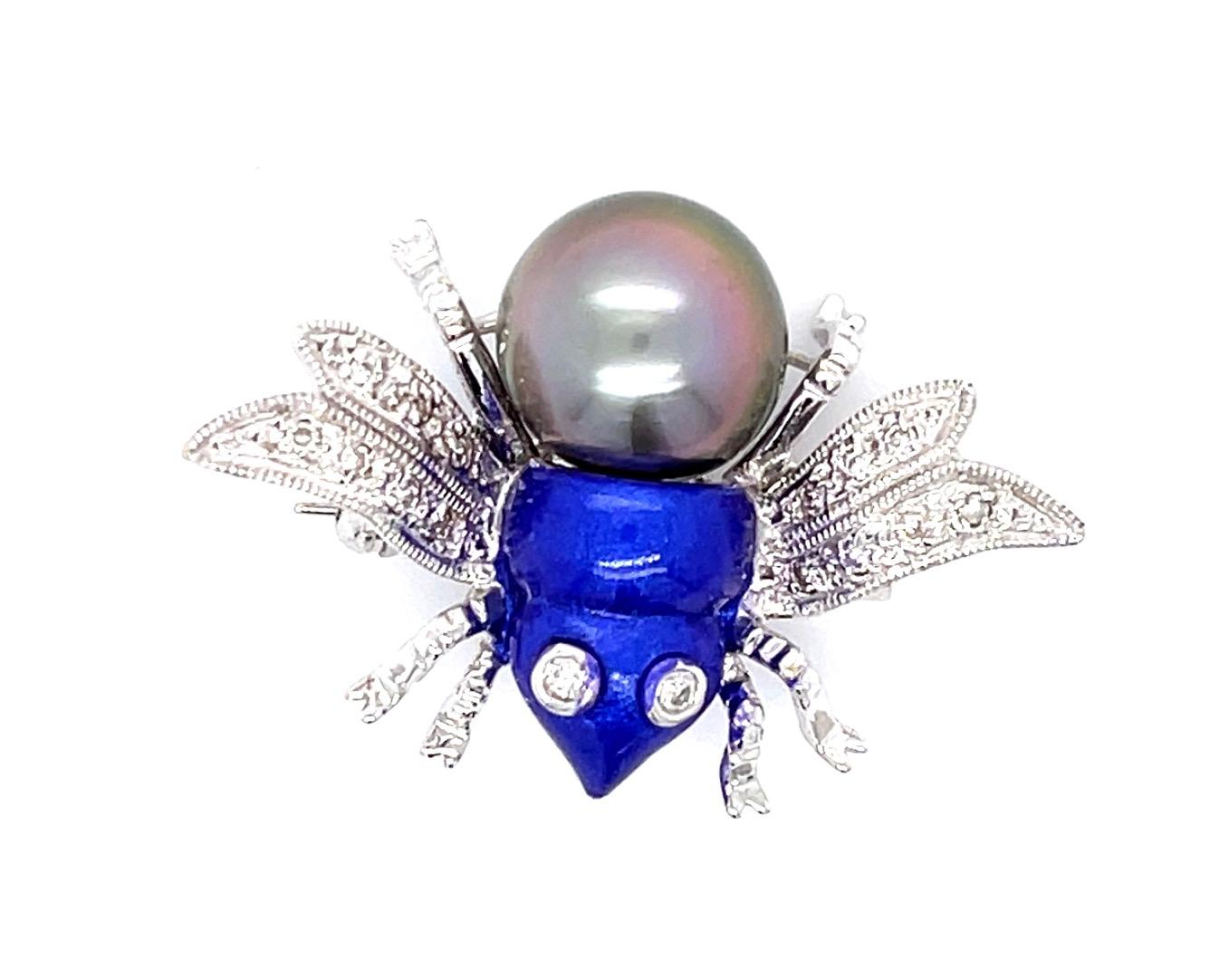 .22ct Diamond 18KW Bee Brooch 10.55mm Pearl 7.55g 1"x1.25"
