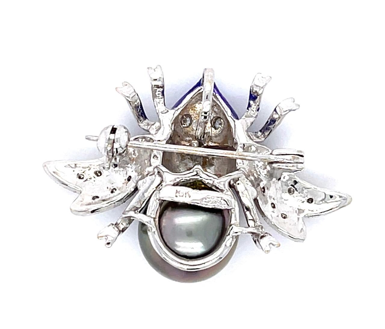 .22ct Diamond 18KW Bee Brooch 10.55mm Pearl 7.55g 1"x1.25"