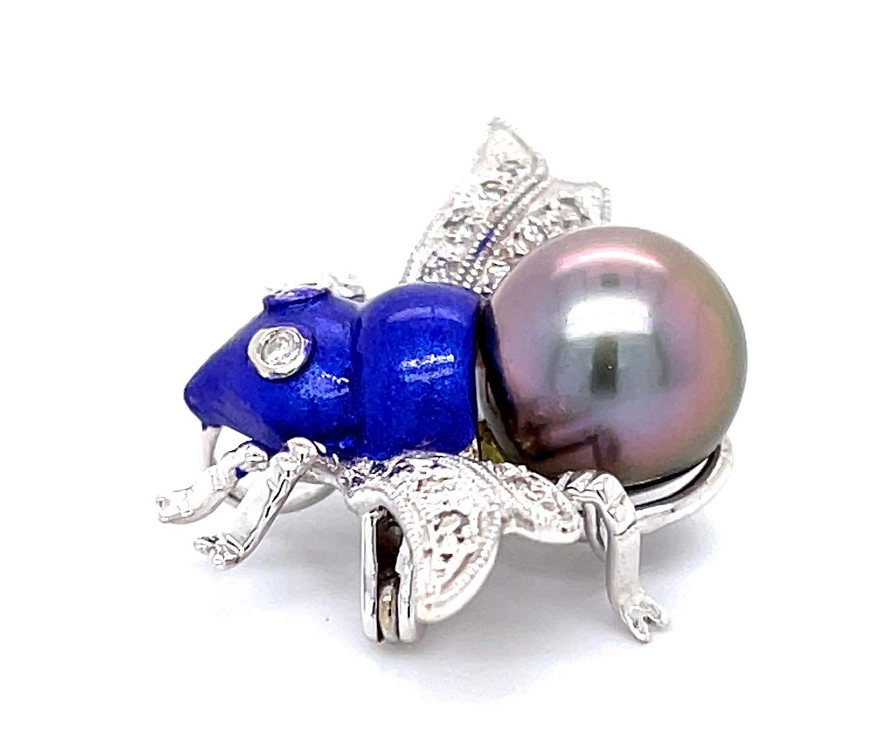 .22ct Diamond 18KW Bee Brooch 10.55mm Pearl 7.55g 1"x1.25"