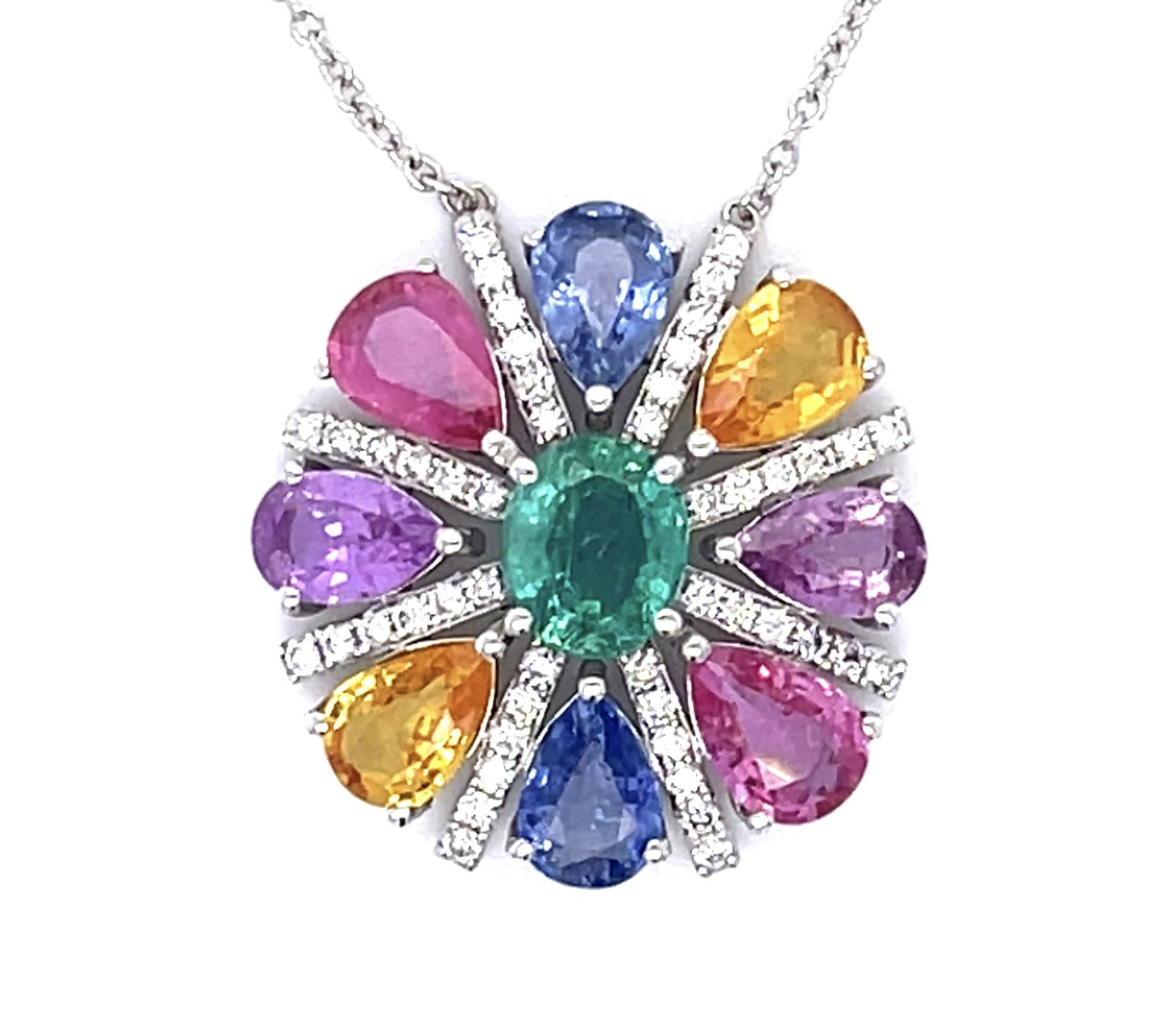4ct Multicolor Sapphire .55ct Emerald .40ct Diamond 18KW Italian Pendant 4.66g