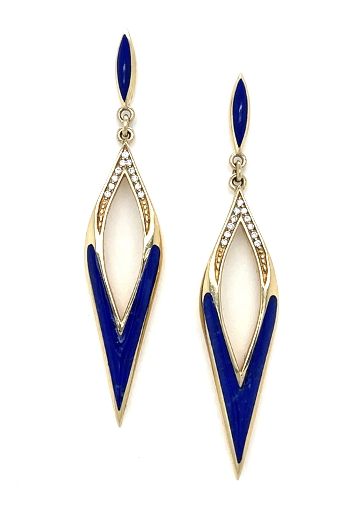 Kabana Blue Lapis .12ct Diamond 18KY Drop Earrings 9.47g 2.25"