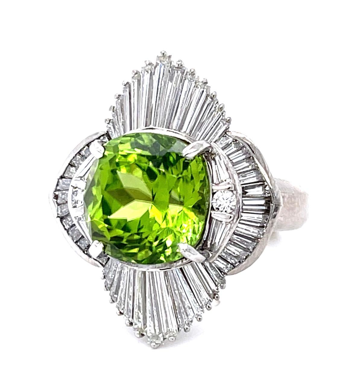 7.35ct Cushion Peridot 3.50ct Diamond Platinum Ballerina Ring 16g 6 Size