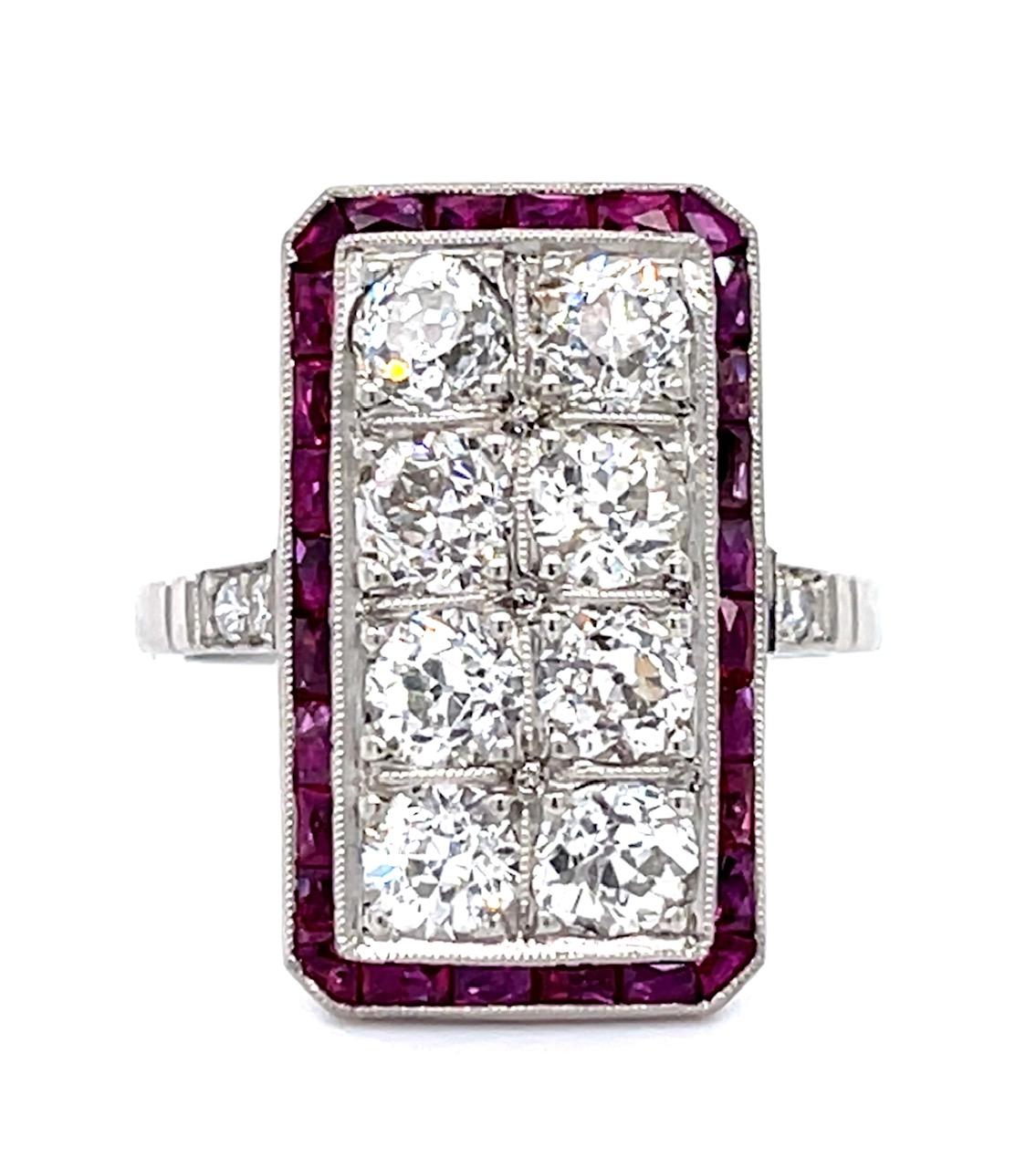 2.15ct Old European Diamond .96ct Ruby Platinum Handmade Ring .13ct SD 6.80g
