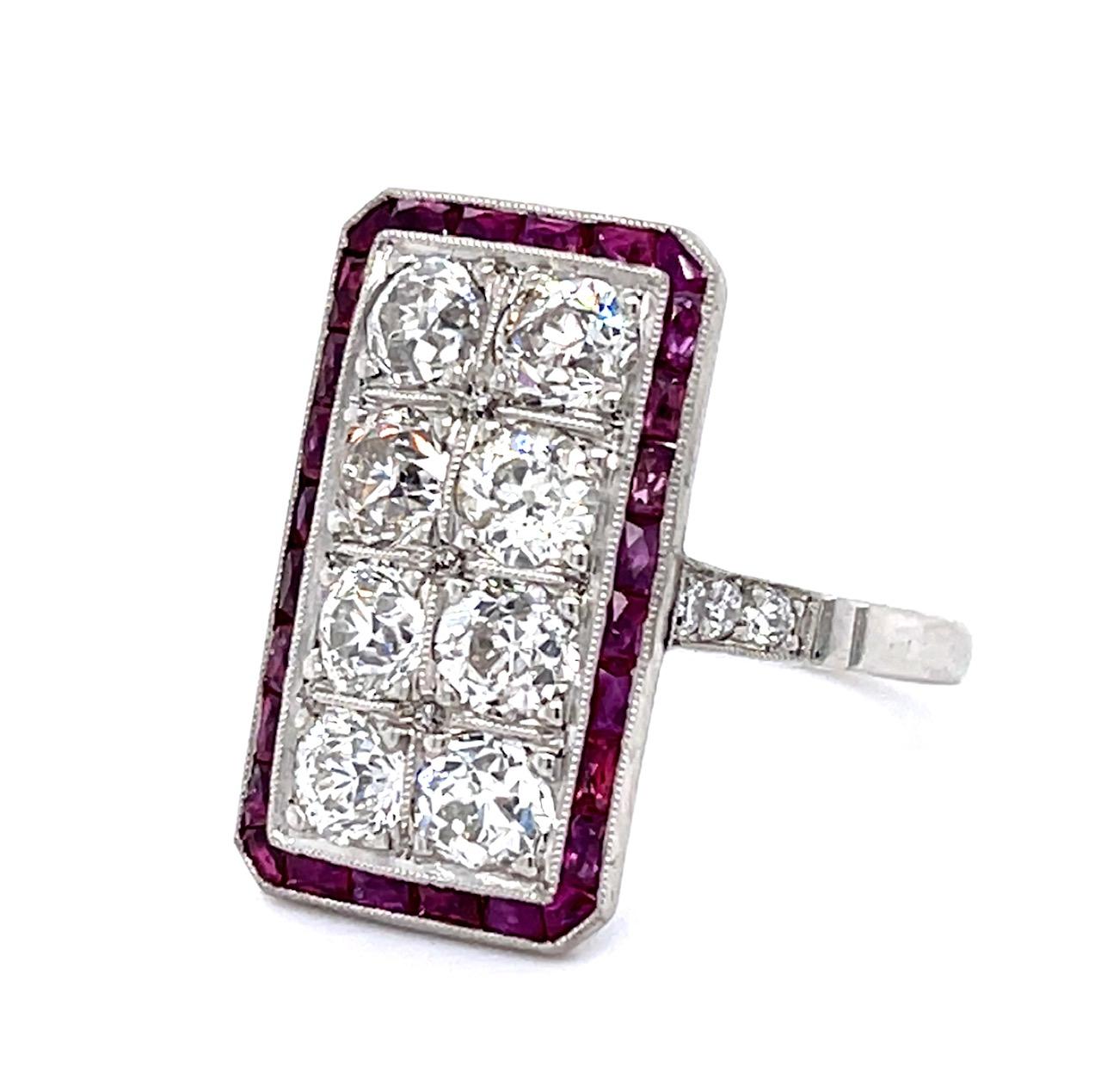 2.15ct Old European Diamond .96ct Ruby Platinum Handmade Ring .13ct SD 6.80g