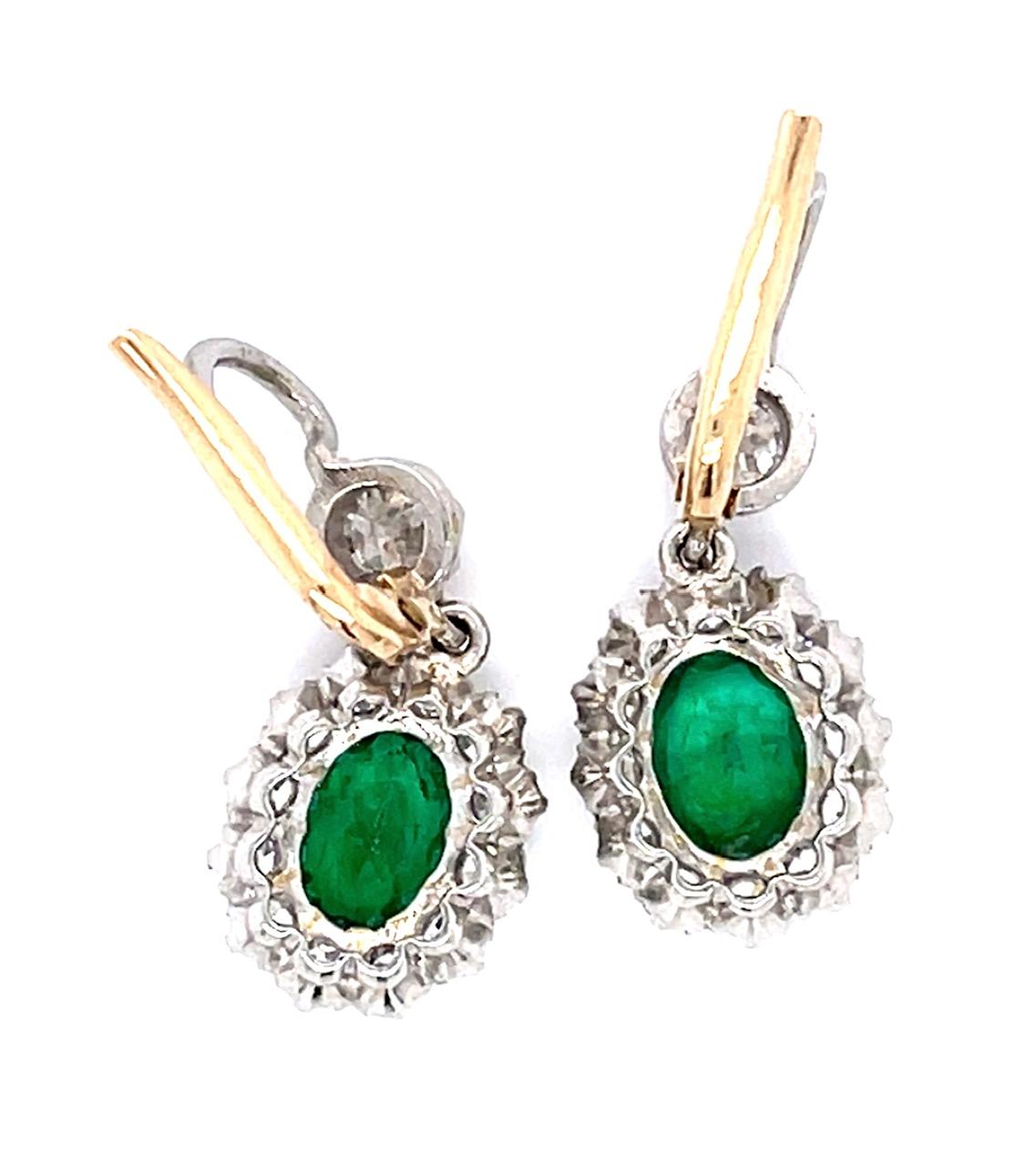 1.16ct Emerald 1.32ct (22 Old European Diamonds) Platinum Handmade Drop Earrings