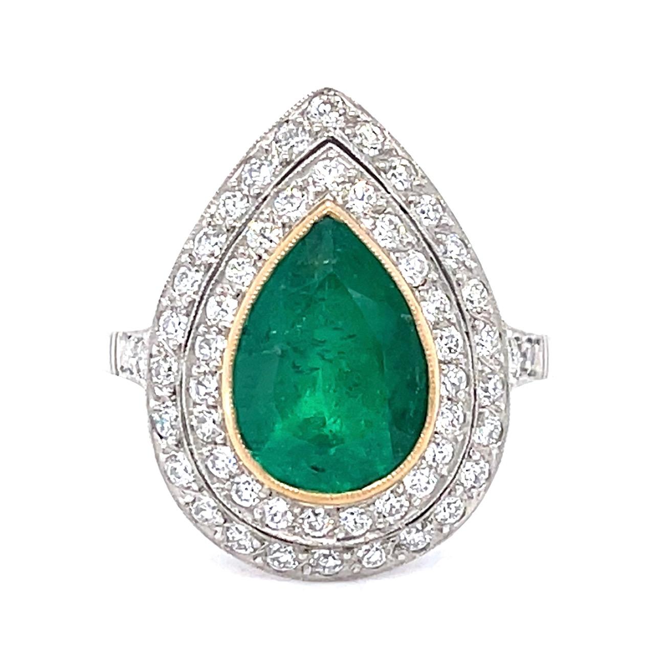 2.60ct Colombian Pear Emerald (No Cert) .71ct Diamond Platinum Handmade Ring