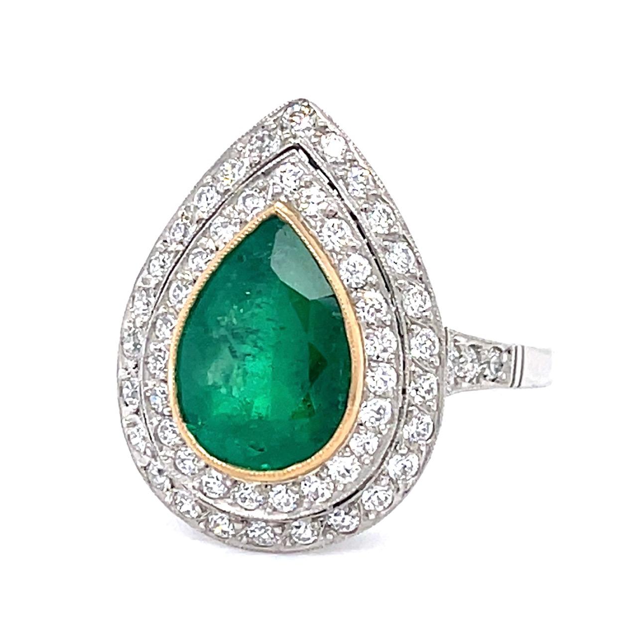 2.60ct Colombian Pear Emerald (No Cert) .71ct Diamond Platinum Handmade Ring