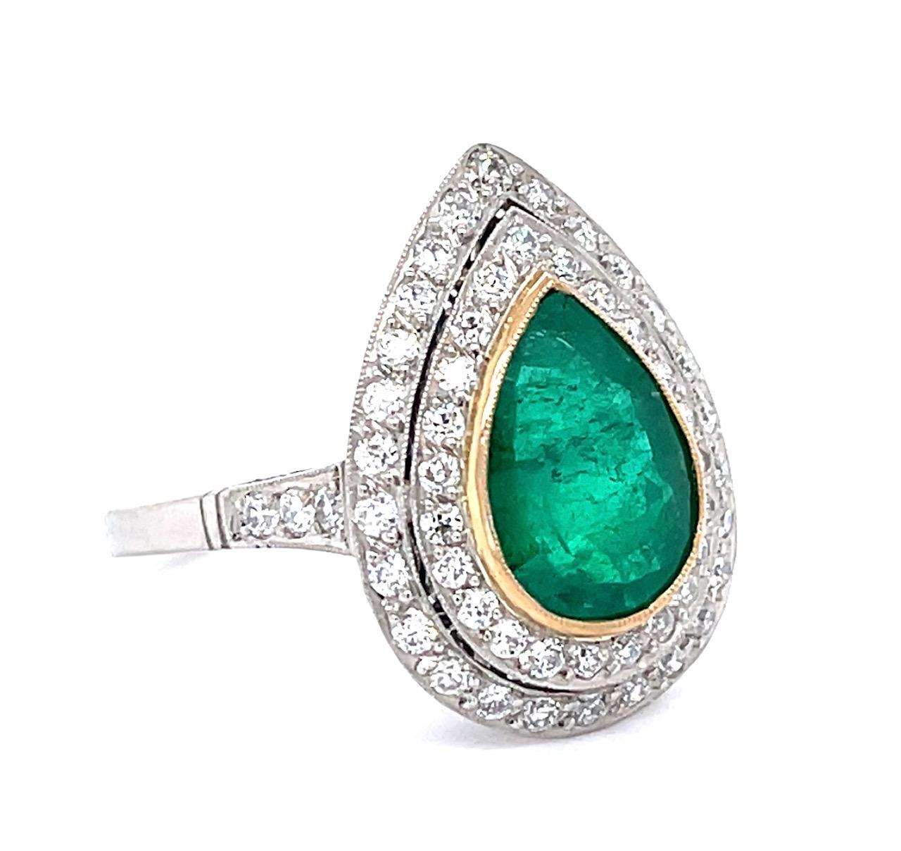 2.60ct Colombian Pear Emerald (No Cert) .71ct Diamond Platinum Handmade Ring