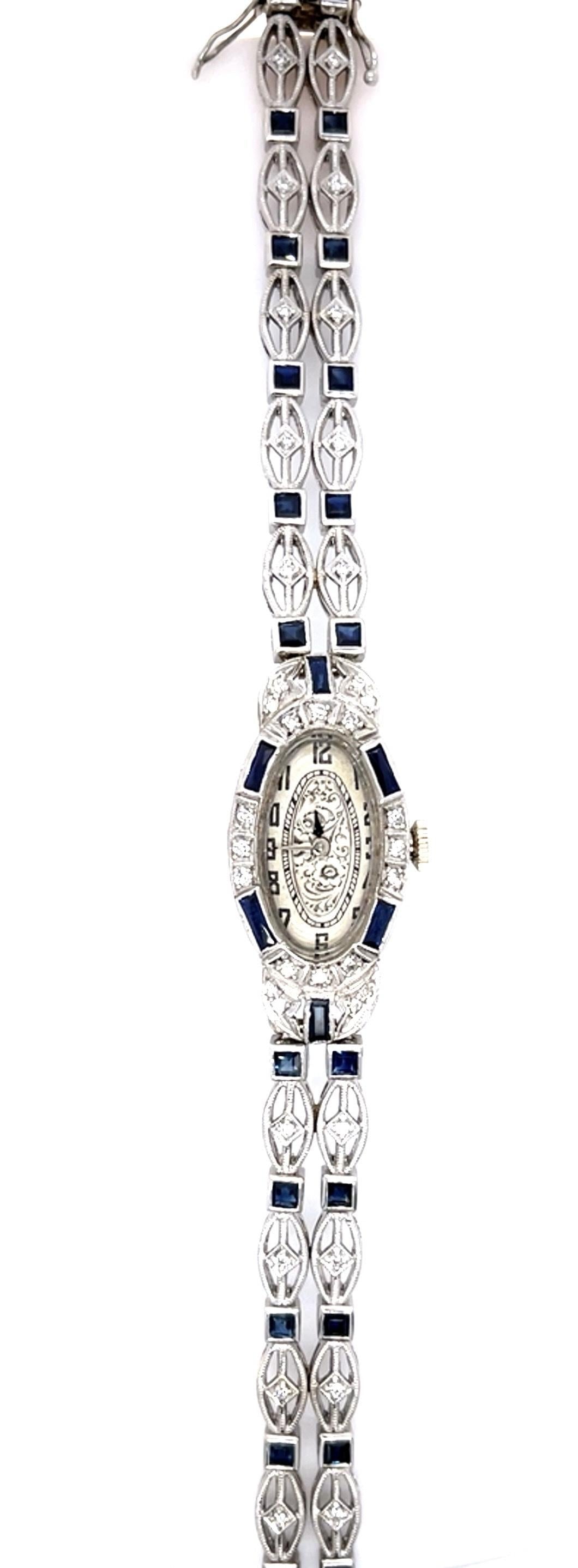 Art Deco .84ct Diamond 3ct Sapphire 14KW Watch (Vintage 1930s) 26.50g