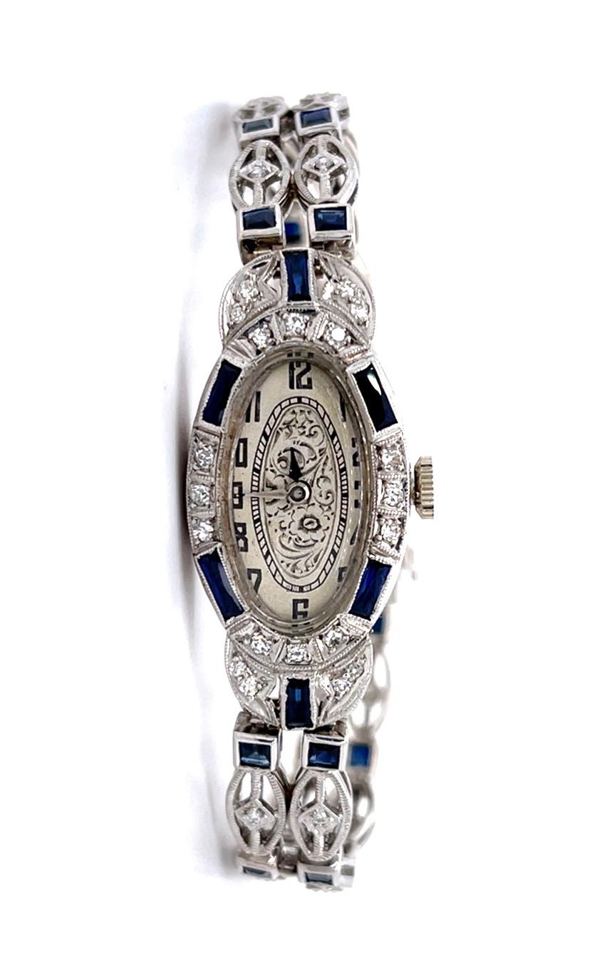 Art Deco .84ct Diamond 3ct Sapphire 14KW Watch (Vintage 1930s) 26.50g