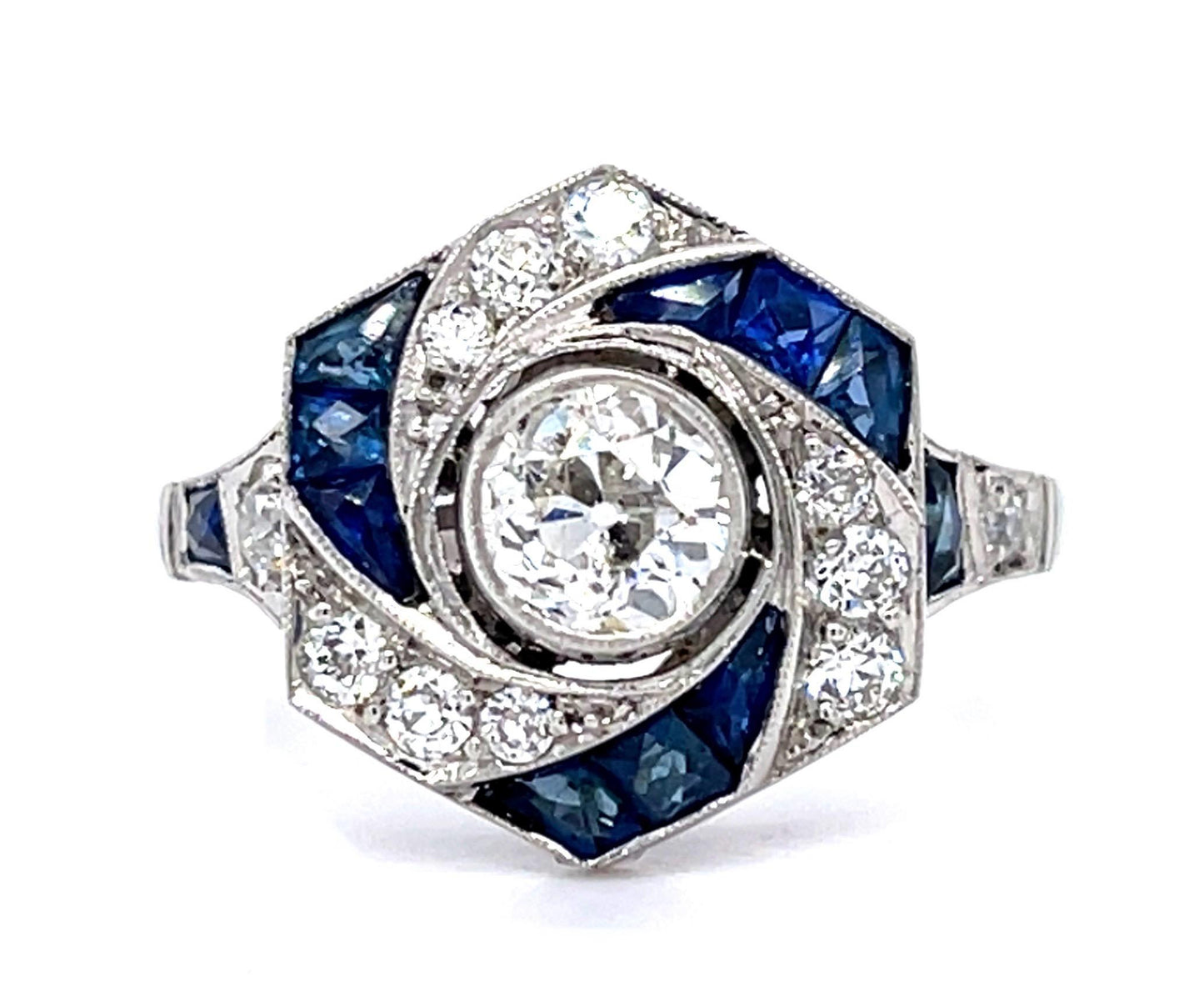 .68ct Old European Diamond 1.67ct Sapphire platinum Handmade Ring