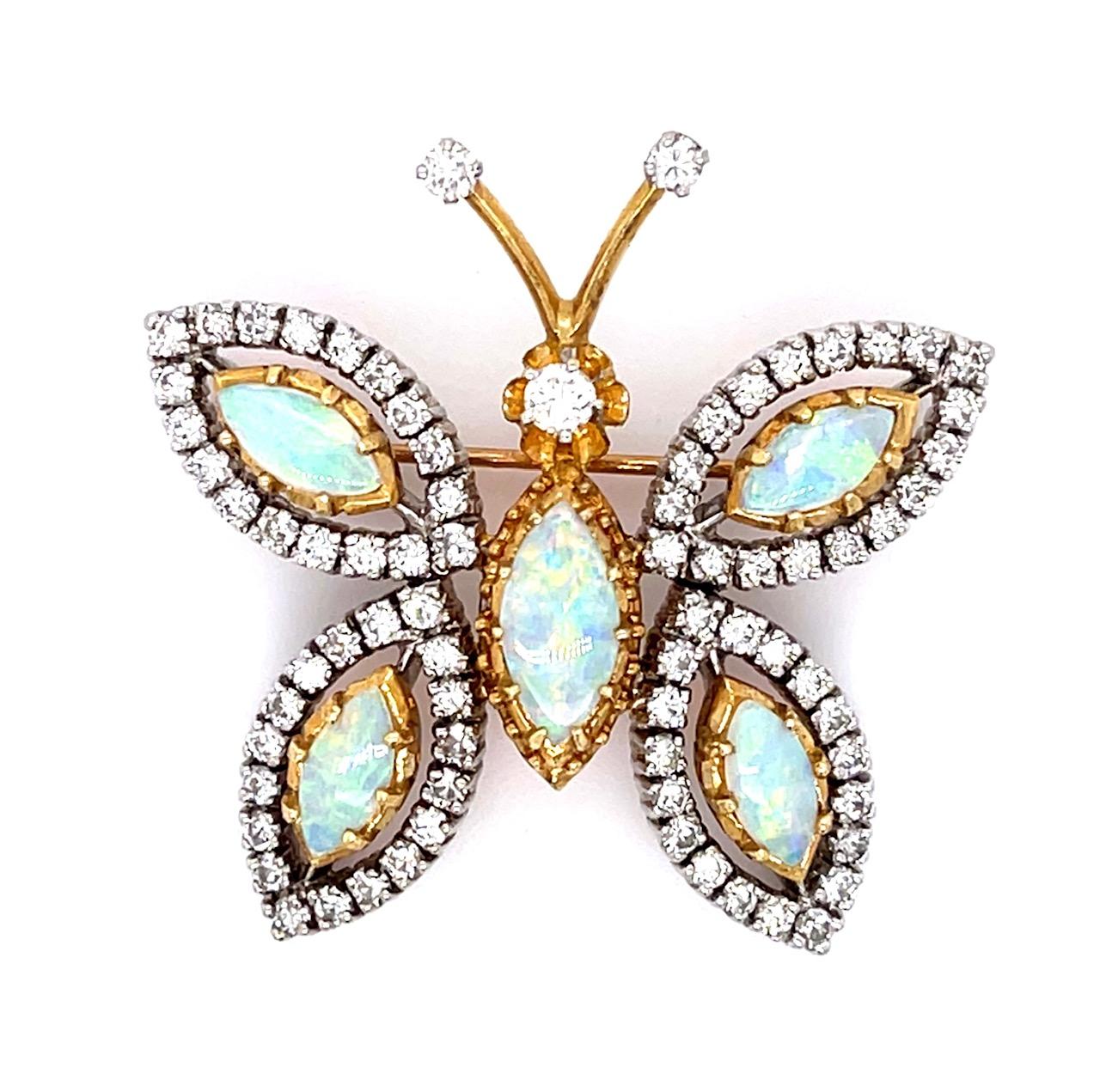 5ct Opal 2ct Diamonds 14K 2 Tone Butterfly Brooch 7.30g 1.50"