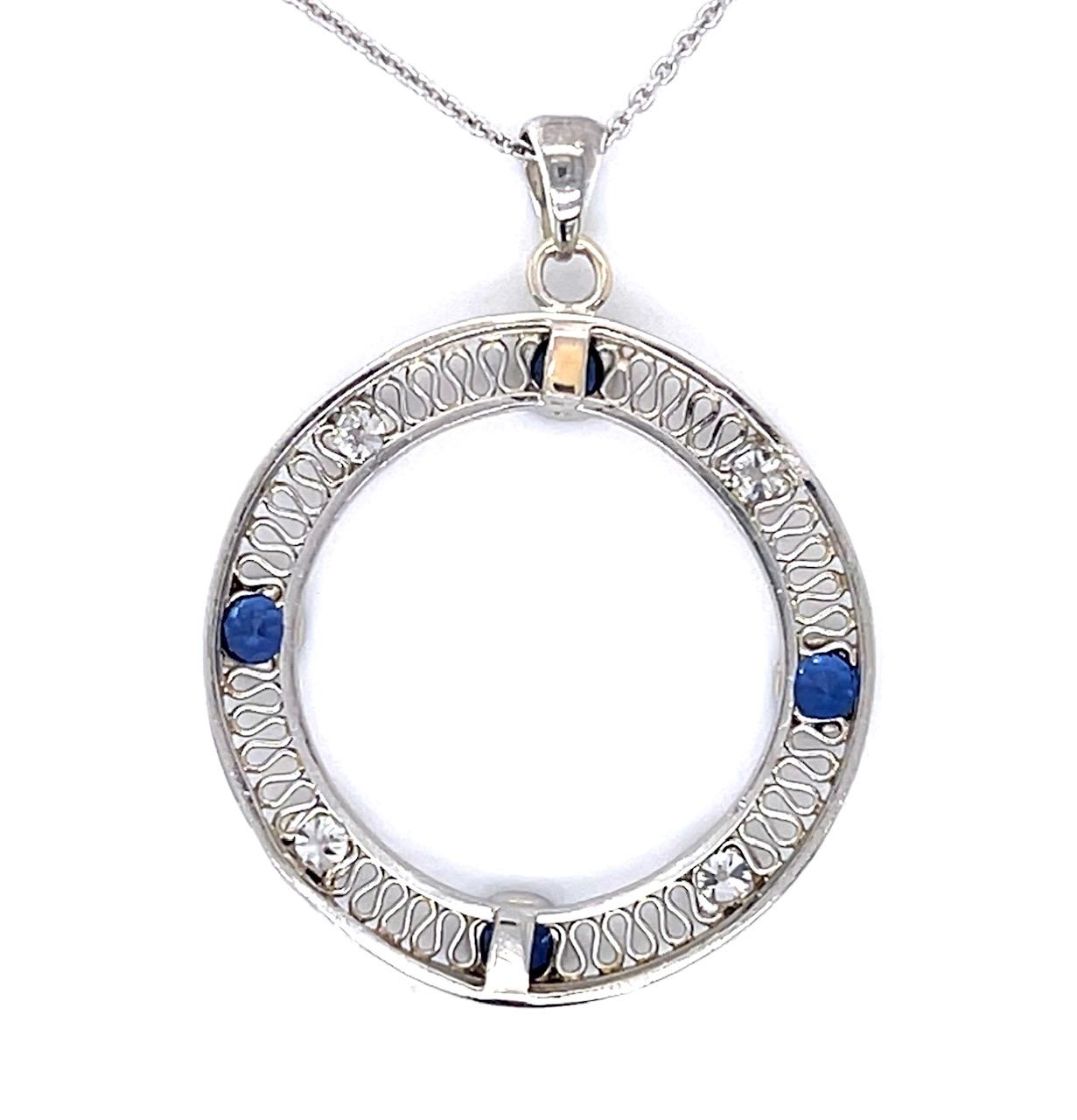 Art Deco .66ct Montana Sapphire .44ct Diamond 14KW Pendant (Antique 1920s)