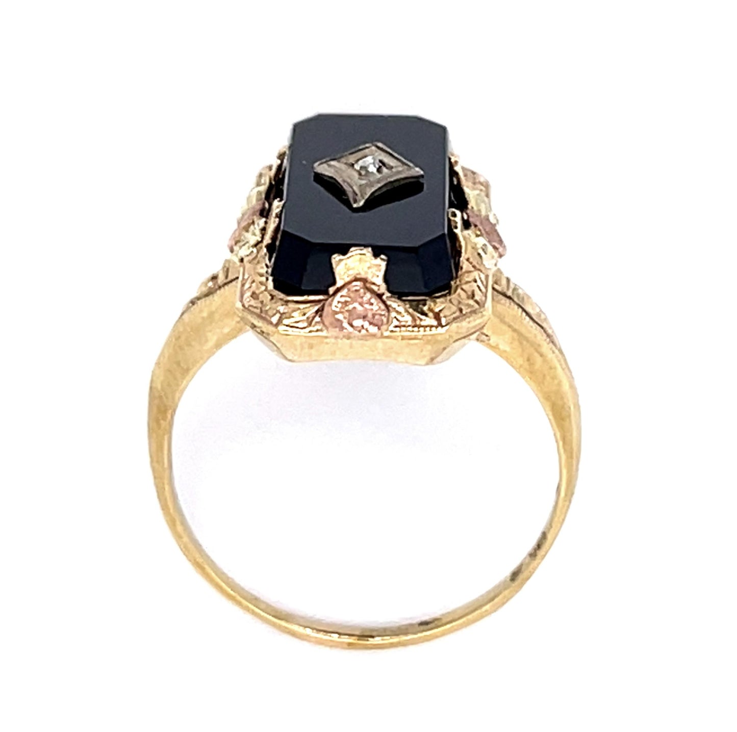 10KY Diamond & Onyx Art Deco Ring 0.02ct(dia) Circa 1920 ESTATE Size 7.5