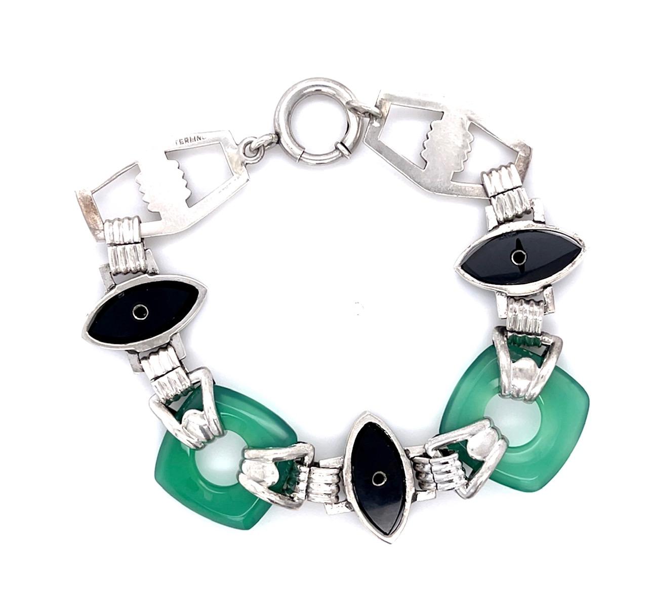 S Chrysoprase & Onyx Art Deco Bracelet 22gr Circa 1920s ESTATE Length 7