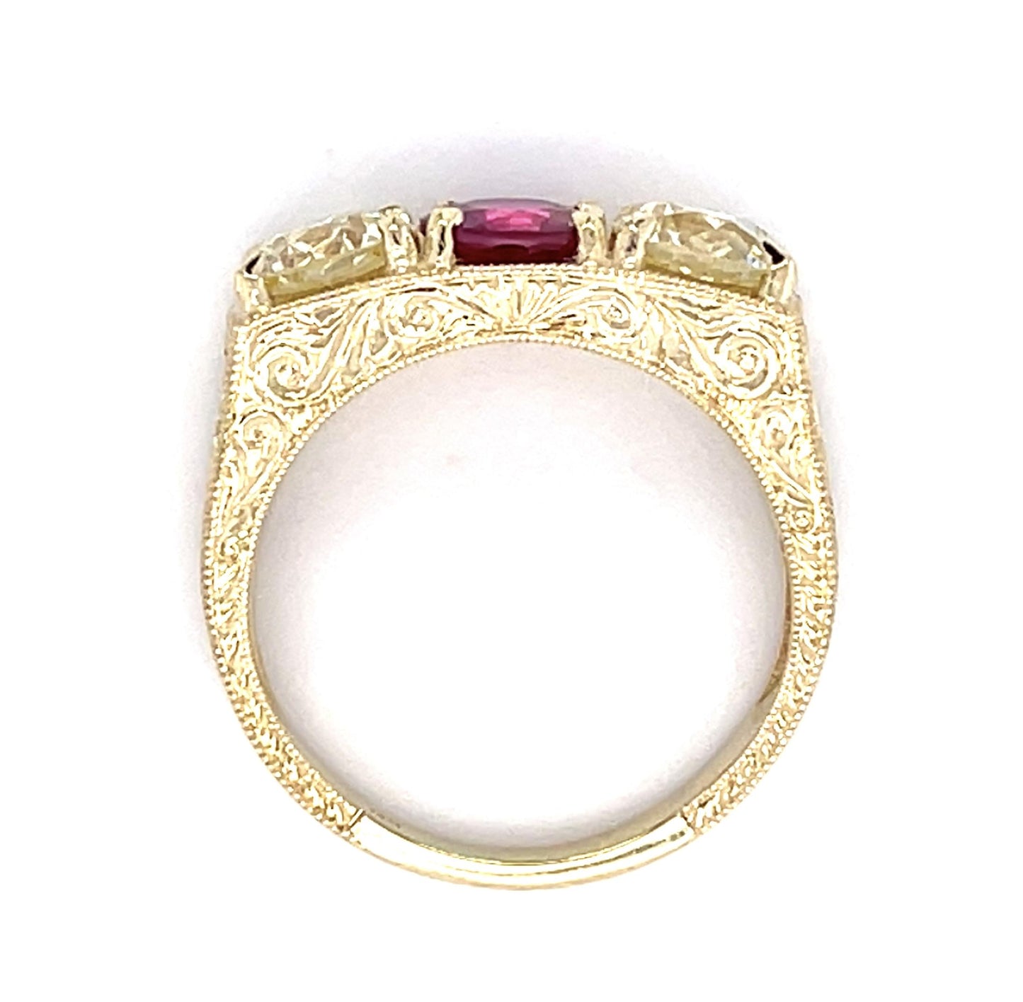 1.06ct Ruby 1.90ct Old European Dia Custom Hand Engraved Three Stone 14KY Ring