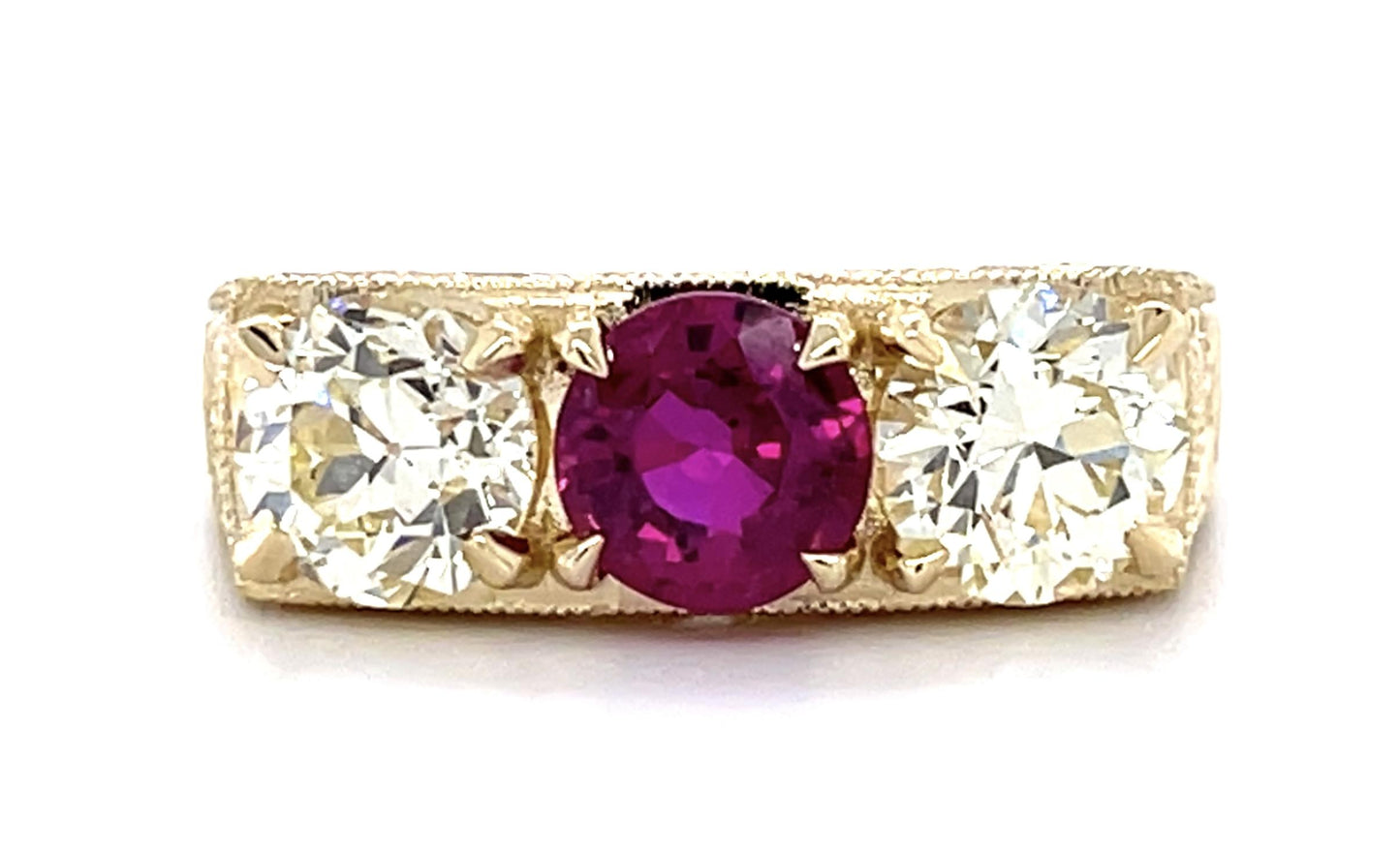 1.06ct Ruby 1.90ct Old European Dia Custom Hand Engraved Three Stone 14KY Ring