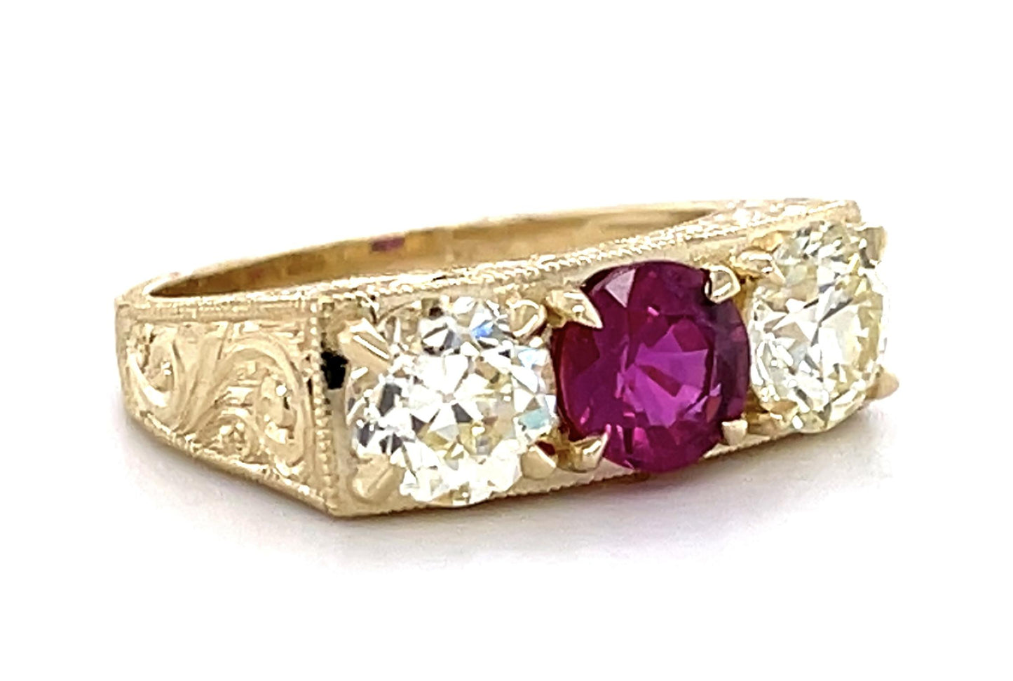 1.06ct Ruby 1.90ct Old European Dia Custom Hand Engraved Three Stone 14KY Ring