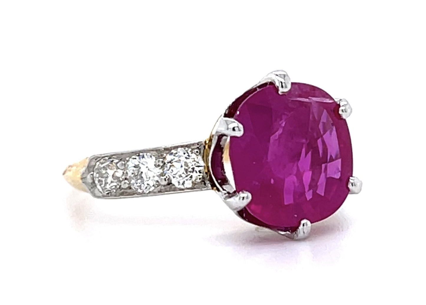 Edwardian 3.14ct Burma Minor Heat Ruby .60ctw Diamond PT+18KY Ring Antique 1910s