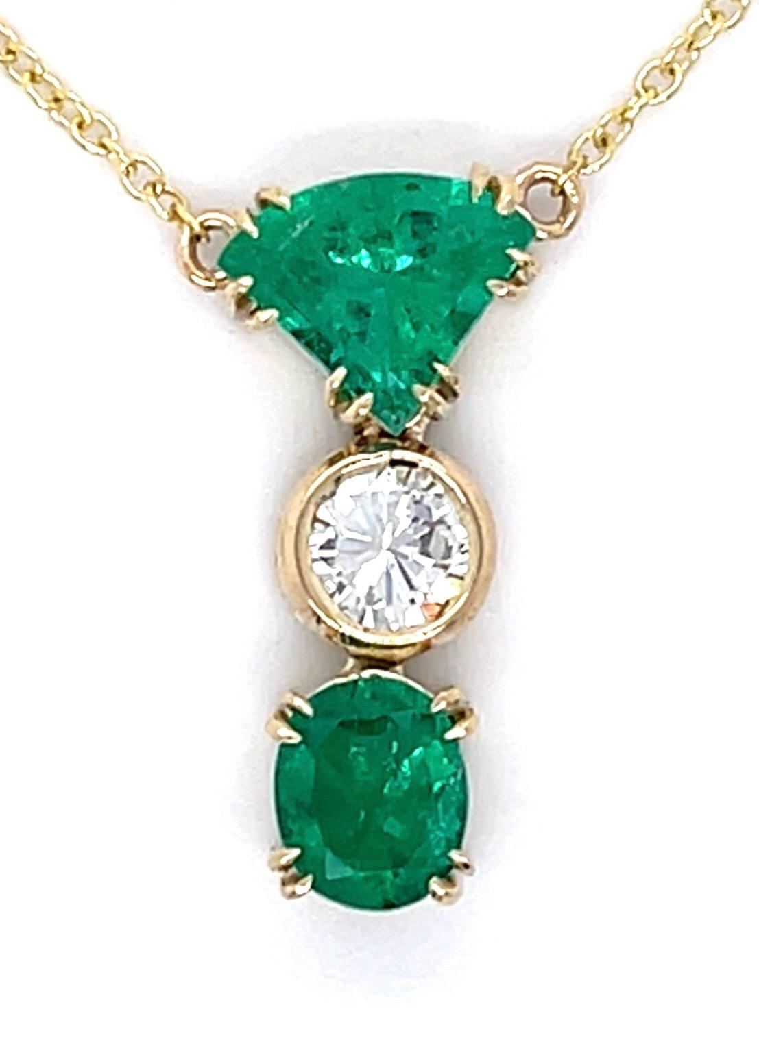 1.17ct Trillion Colombian Eme (No Cert) .53ct Dia .75ct Eme 14K Handmade Pendant