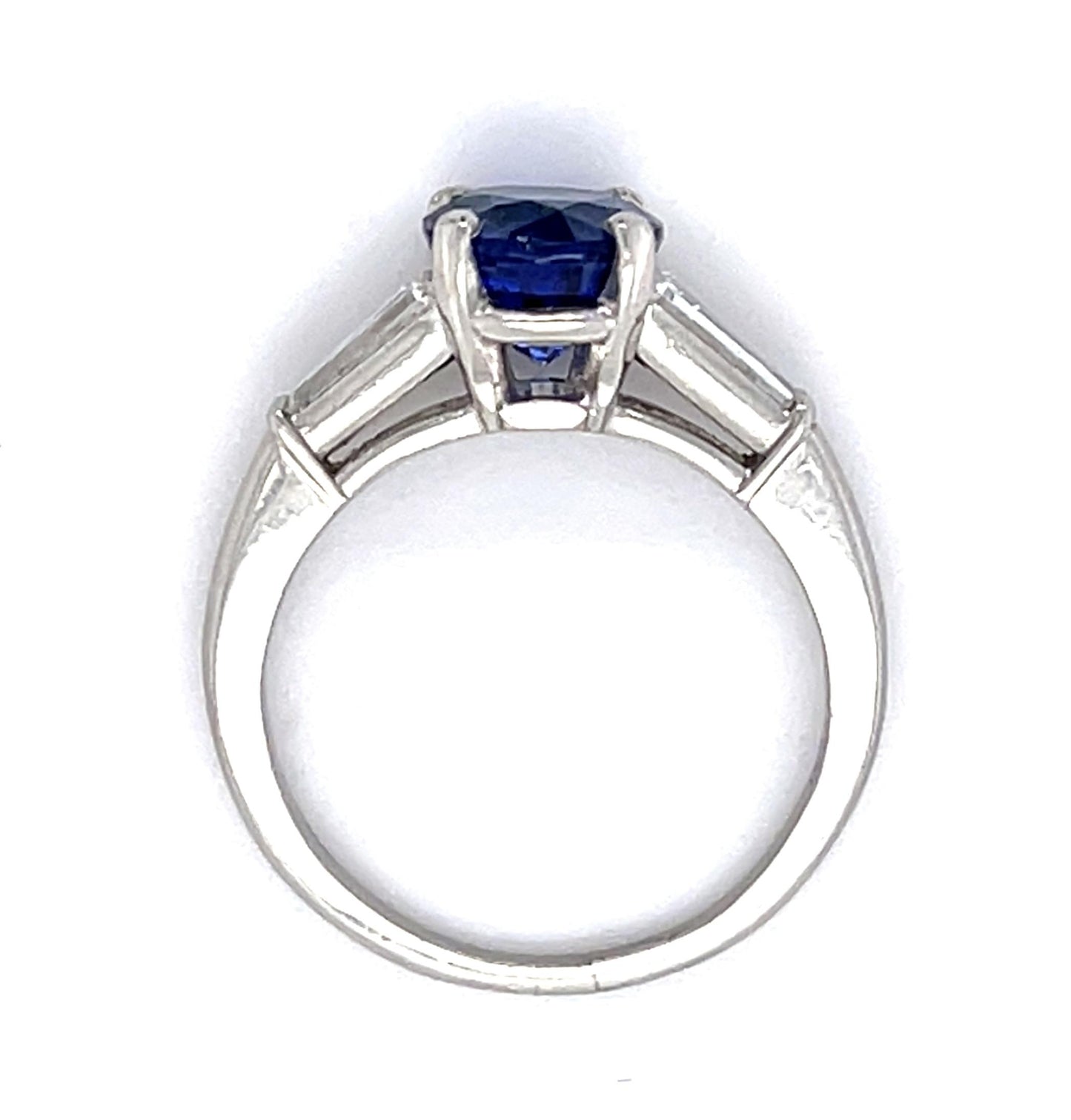 2.21ct Blue Sapphire Round .34ct Tapered Baguette Diamonds Platinum Estate Ring