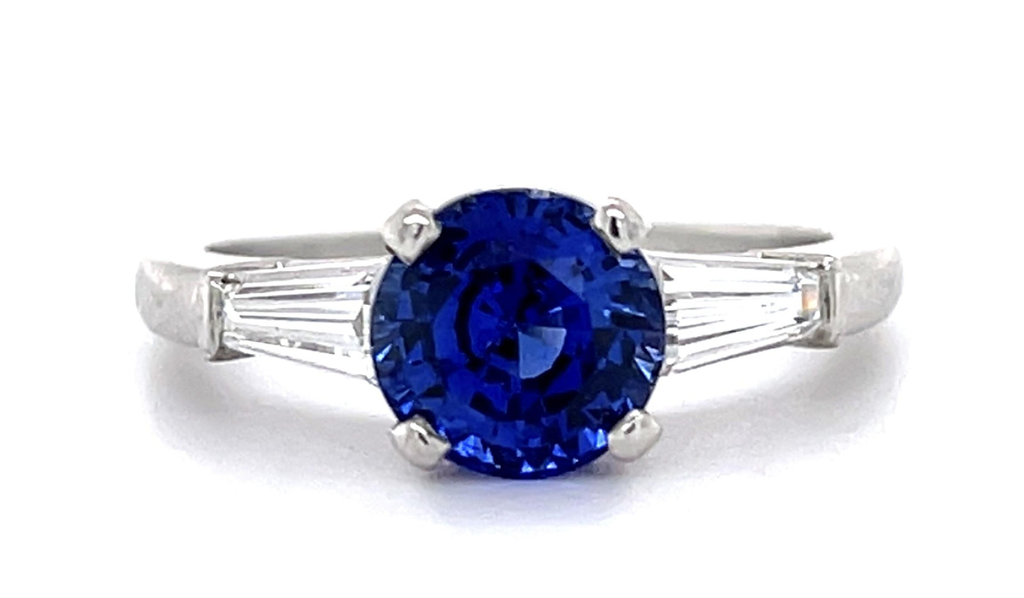 2.21ct Blue Sapphire Round .34ct Tapered Baguette Diamonds Platinum Estate Ring