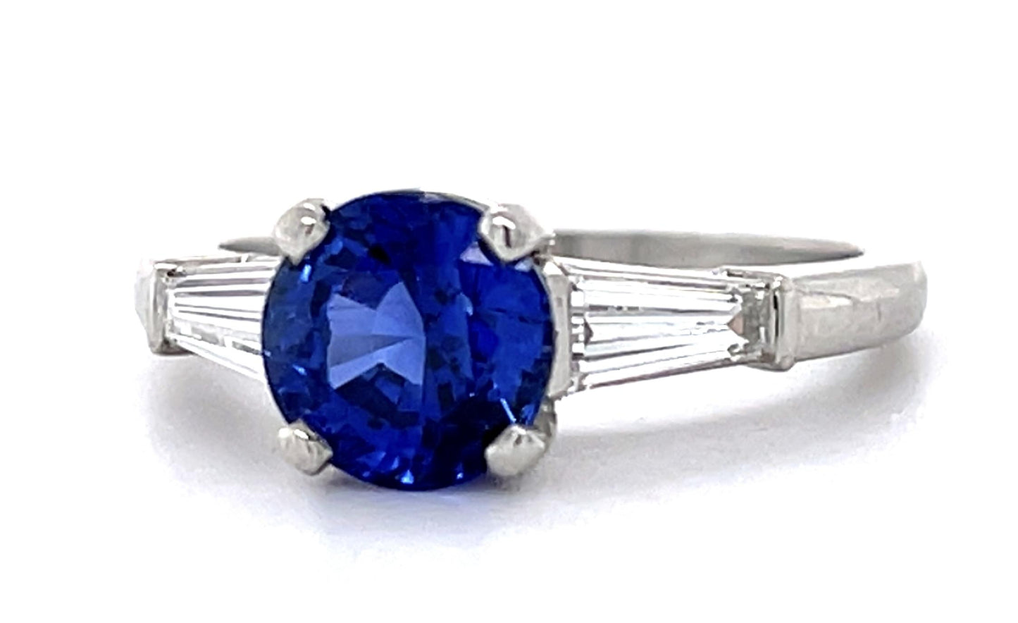 2.21ct Blue Sapphire Round .34ct Tapered Baguette Diamonds Platinum Estate Ring