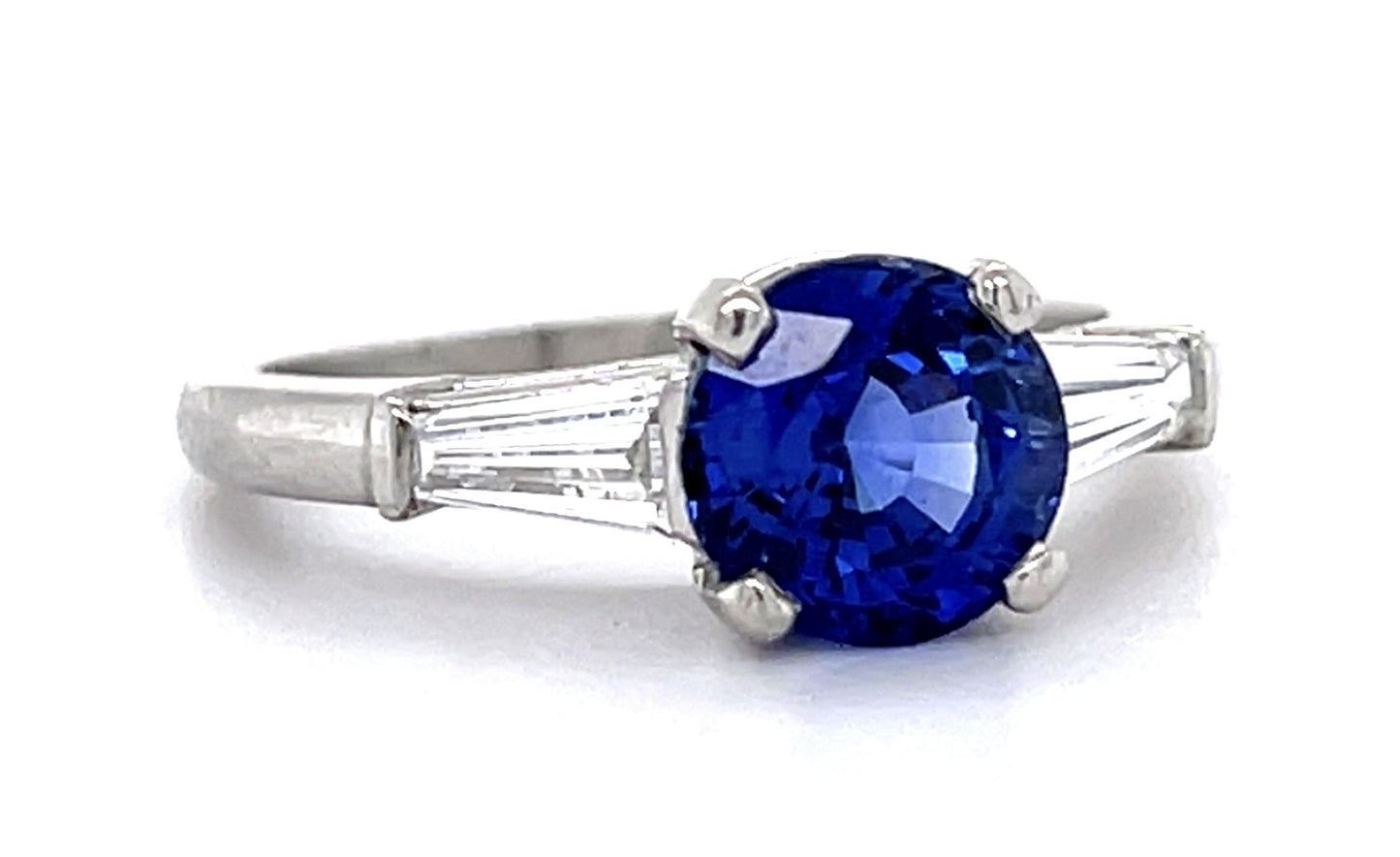2.21ct Blue Sapphire Round .34ct Tapered Baguette Diamonds Platinum Estate Ring