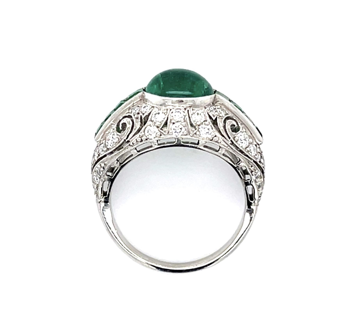 2.52ct Cabochon Emerald .74ct Diamond Platinum Handmade Ring .81ct Side Emerald