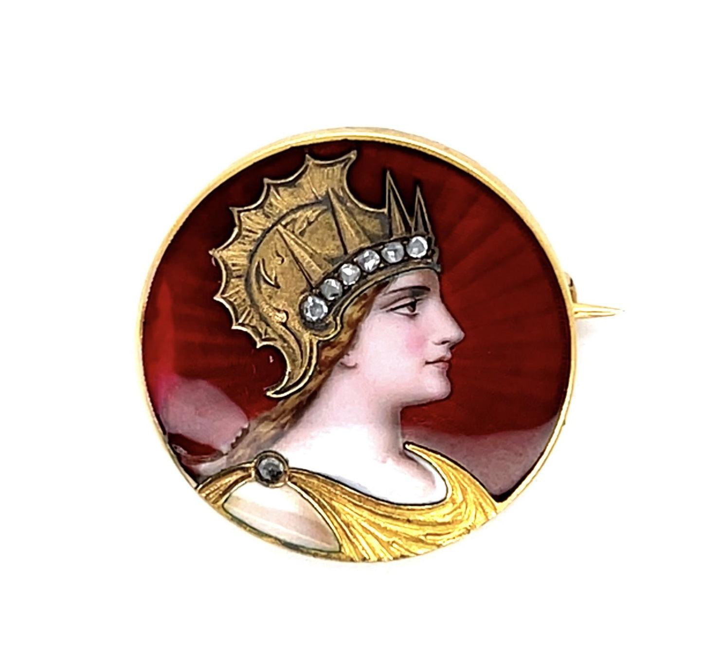 Victorian .20ct Diamond Enamel Ancient Warrior 18KY Brooch (Antique 1880s) 8.47g