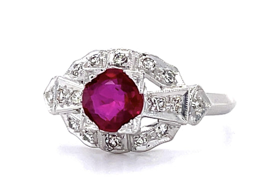 Art Deco 1.01ct Ruby .22ct Diamond PT Ring (Vintage 1930s) .22ct SD 3g 6 Size