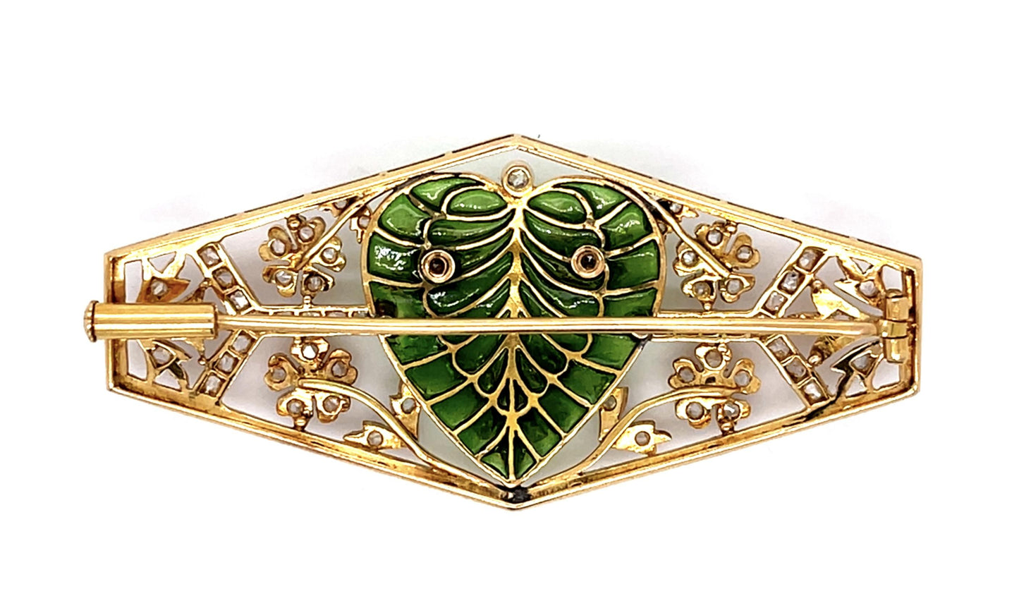 Original Art Nouveau 1.75ct Dia & Green Heart Plique a Jour Enamel 18KY Brooch