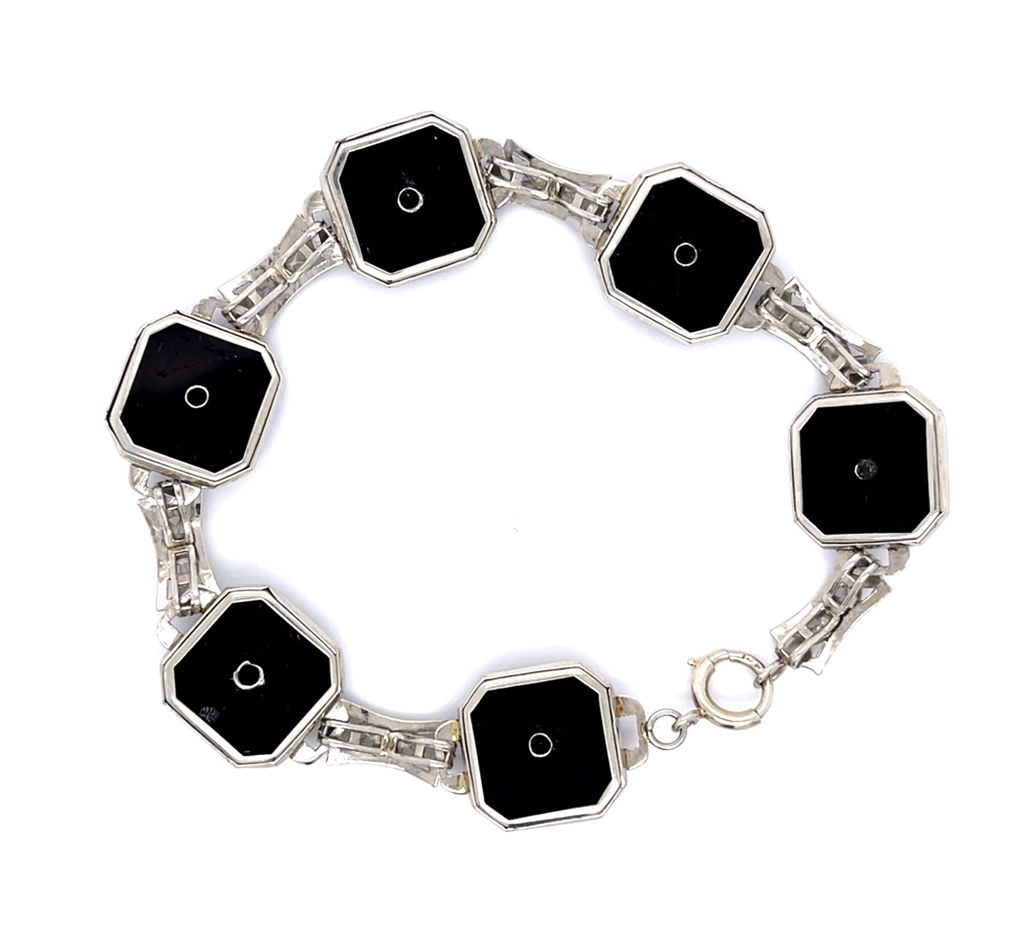 Original Art Deco .09ct Diamond Onyx 14KW Bracelet (Antique 1920s) 17.15g 7.75"