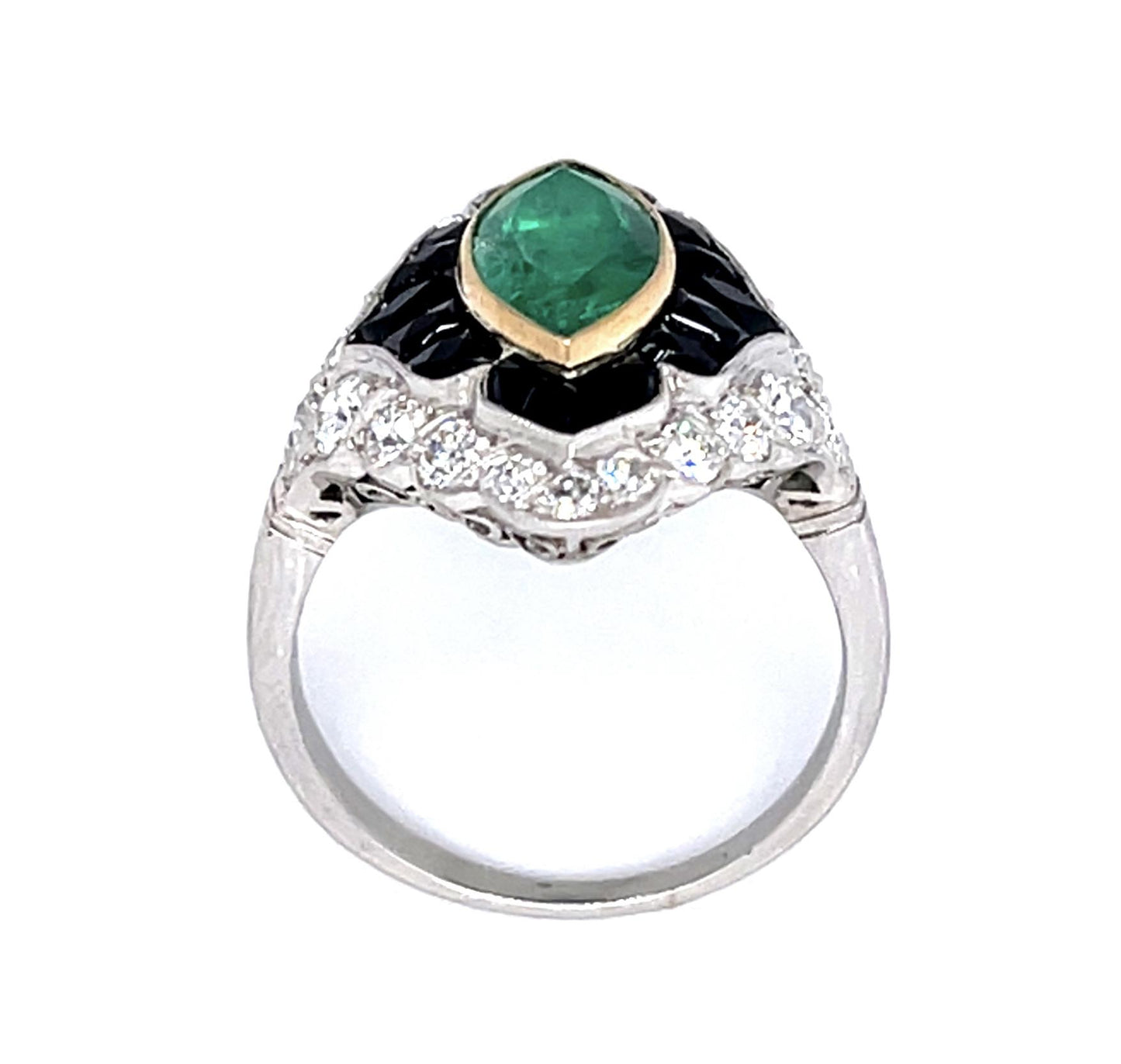 1.59ct Marquise Emerald 1.20ct Diamond French Onyx Platinum Handmade Ring 6.93g