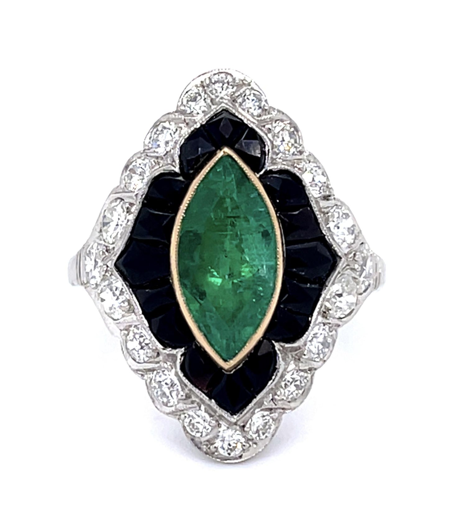 1.59ct Marquise Emerald 1.20ct Diamond French Onyx Platinum Handmade Ring 6.93g