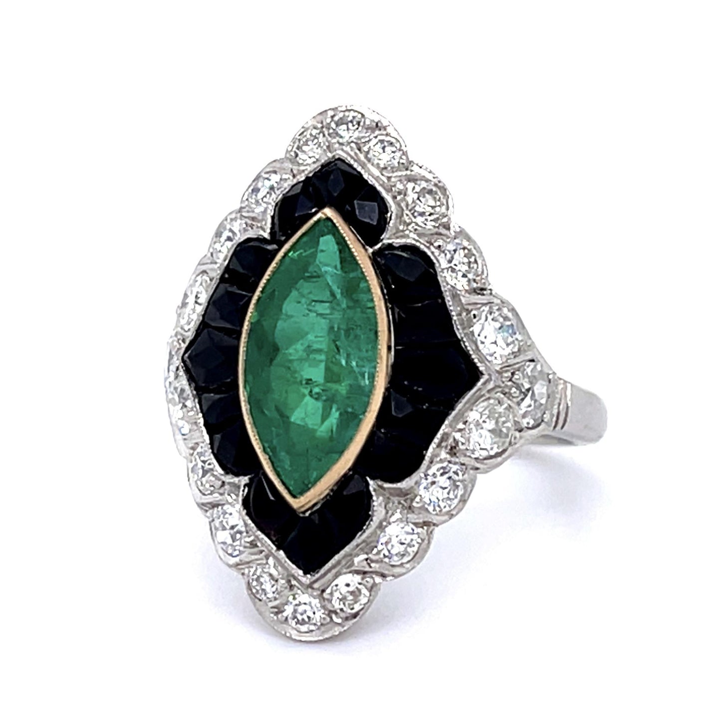 1.59ct Marquise Emerald 1.20ct Diamond French Onyx Platinum Handmade Ring 6.93g