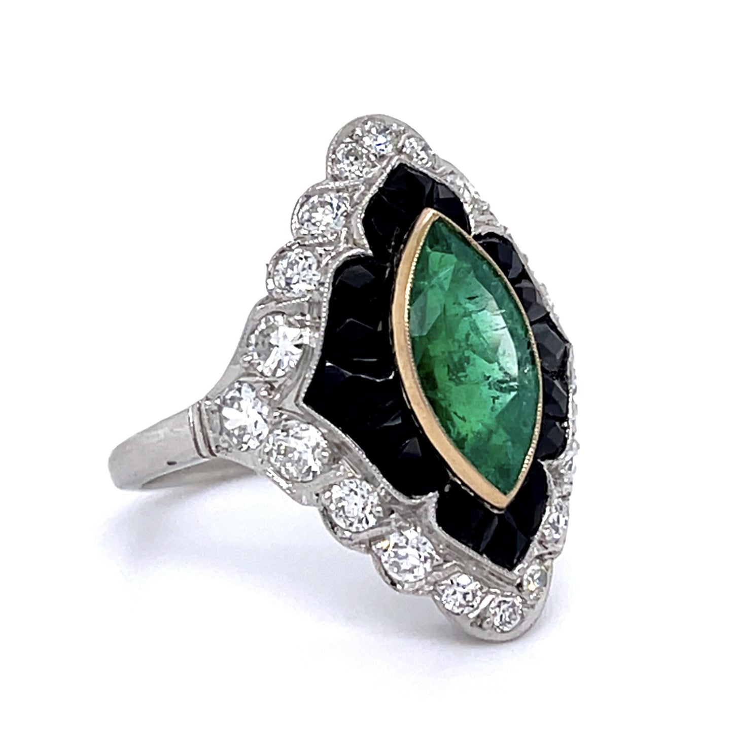 1.59ct Marquise Emerald 1.20ct Diamond French Onyx Platinum Handmade Ring 6.93g