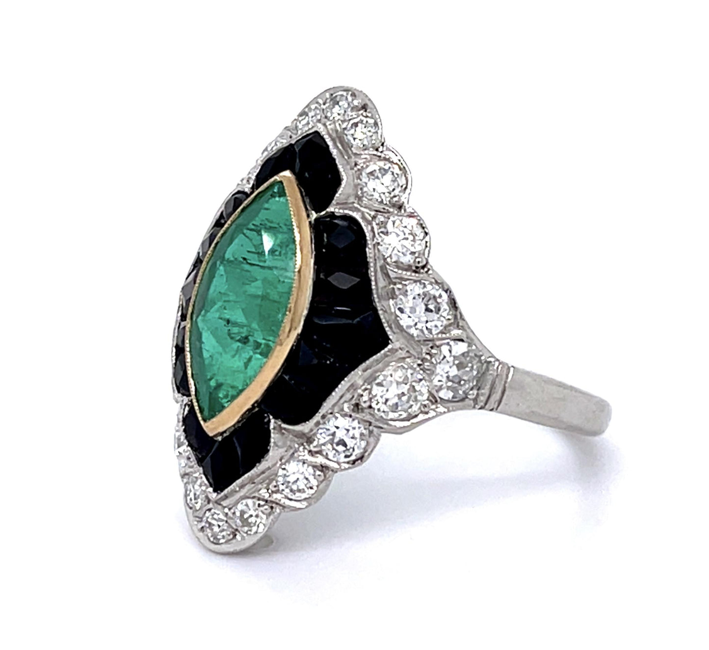 1.59ct Marquise Emerald 1.20ct Diamond French Onyx Platinum Handmade Ring 6.93g