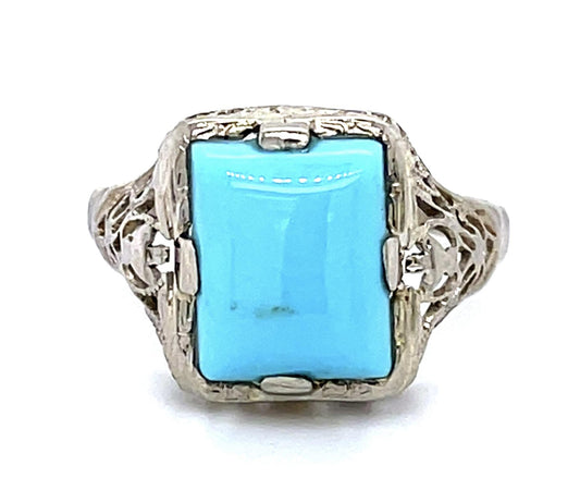 Art Deco 3.07ct Turquoise 14KW Ring (Vintage 1930s) 2.69g 5.50 Size