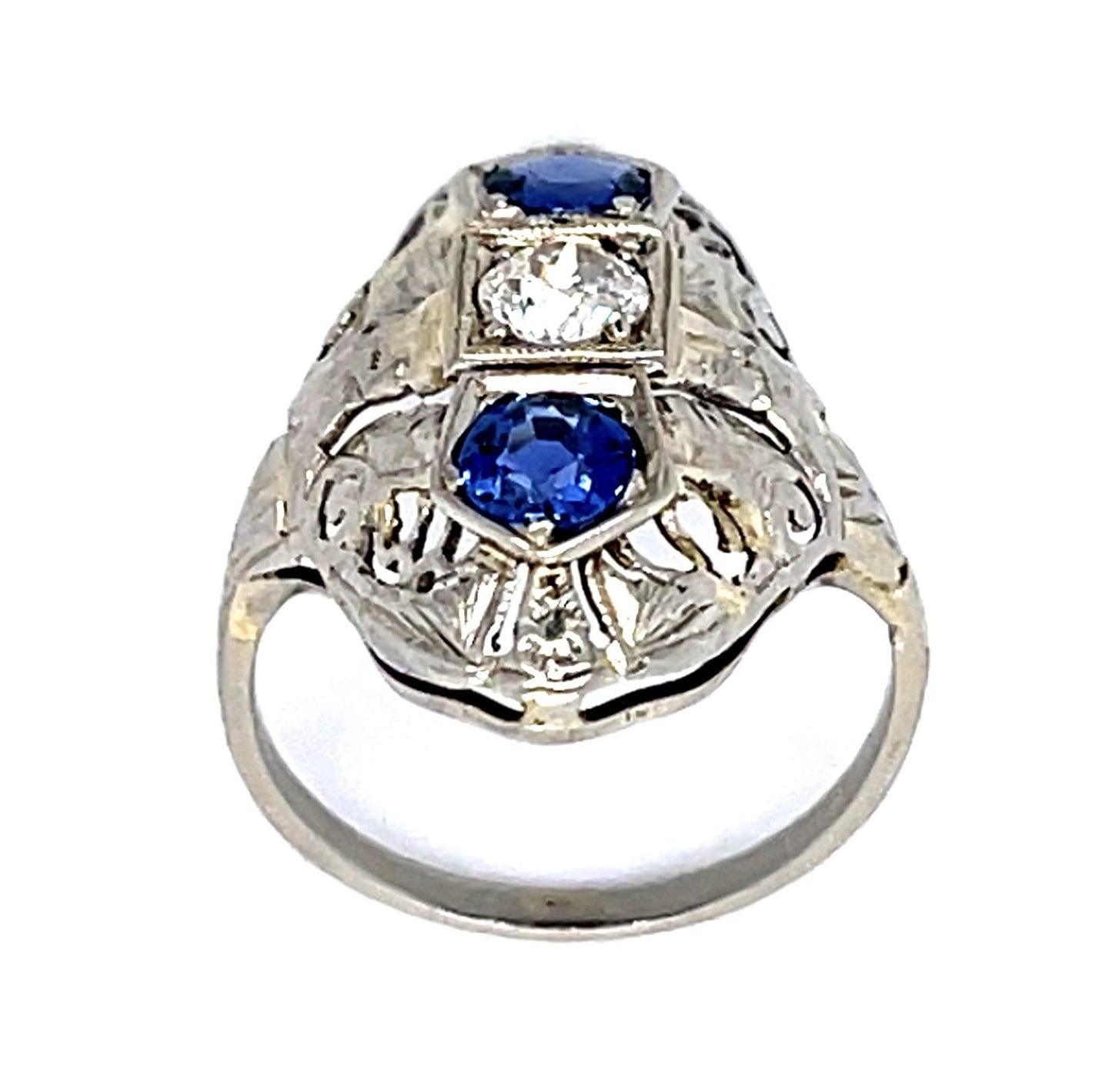Original Art Deco .23ct Old European Diamond .60ct Sapphire 14KW Ring