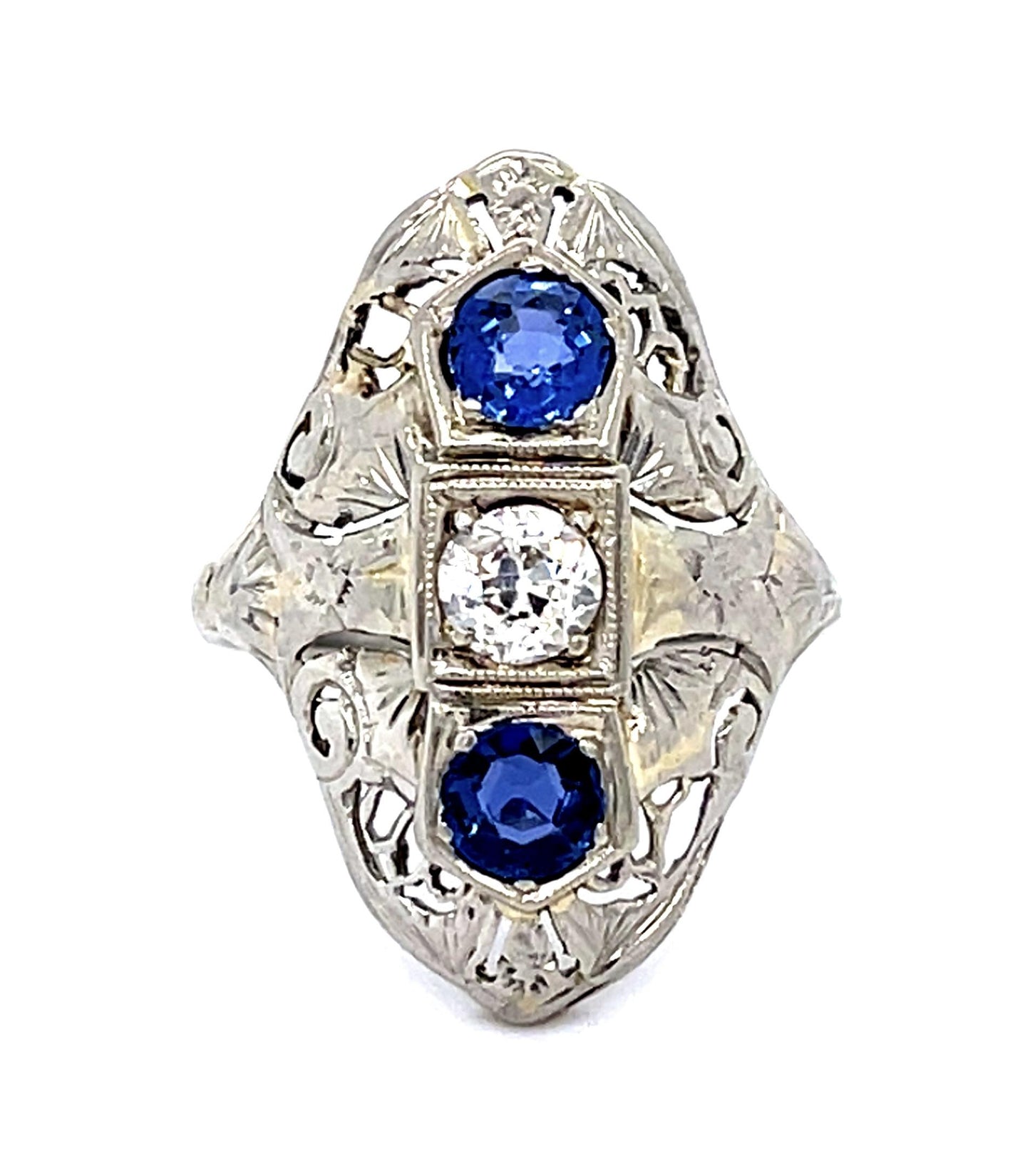 Original Art Deco .23ct Old European Diamond .60ct Sapphire 14KW Ring