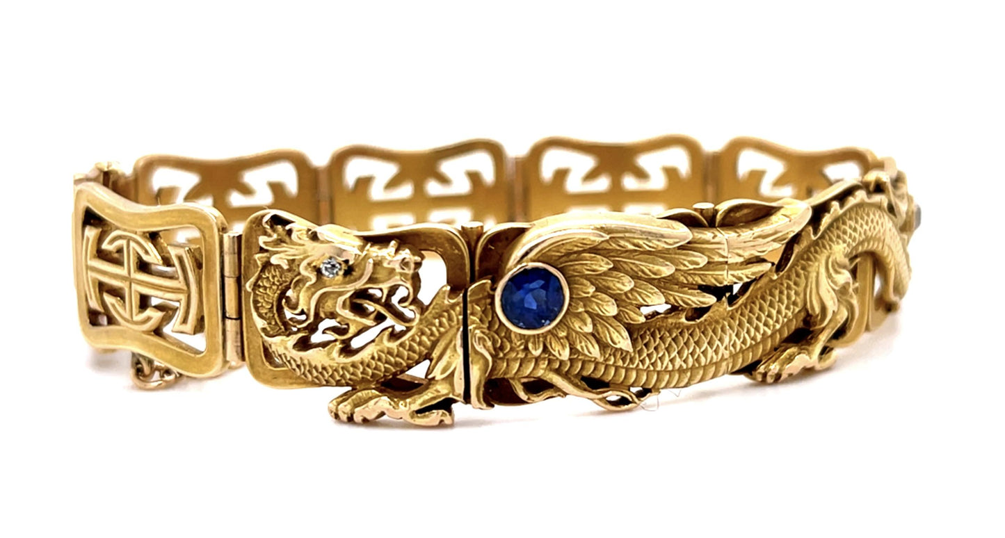 Victorian .40ct Sapphire .15ct Diamond Dragon 15K Bracelet (Antique 1890s) 7.25"