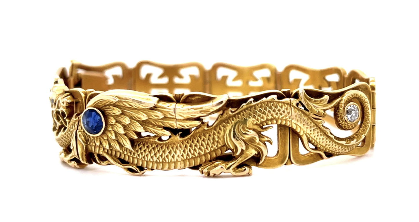 Victorian .40ct Sapphire .15ct Diamond Dragon 15K Bracelet (Antique 1890s) 7.25"