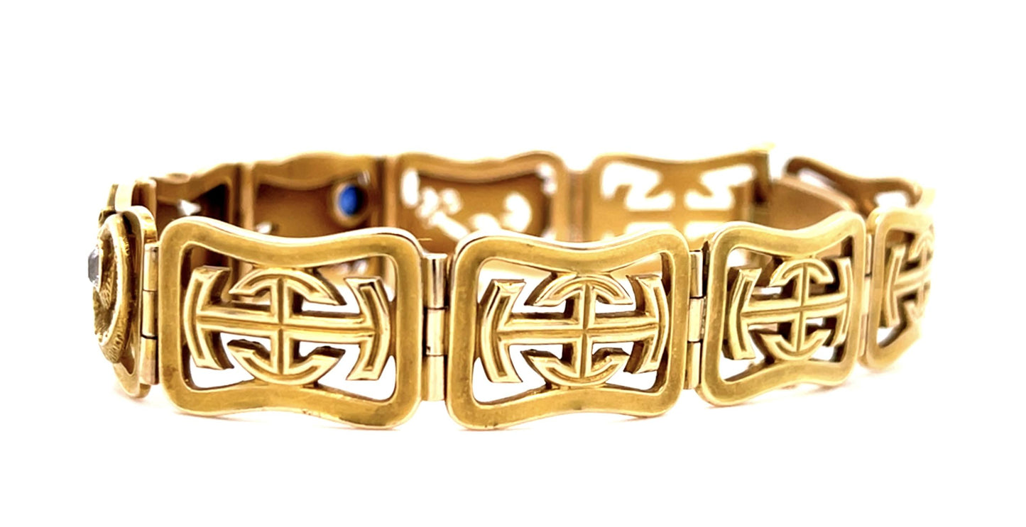 Victorian .40ct Sapphire .15ct Diamond Dragon 15K Bracelet (Antique 1890s) 7.25"