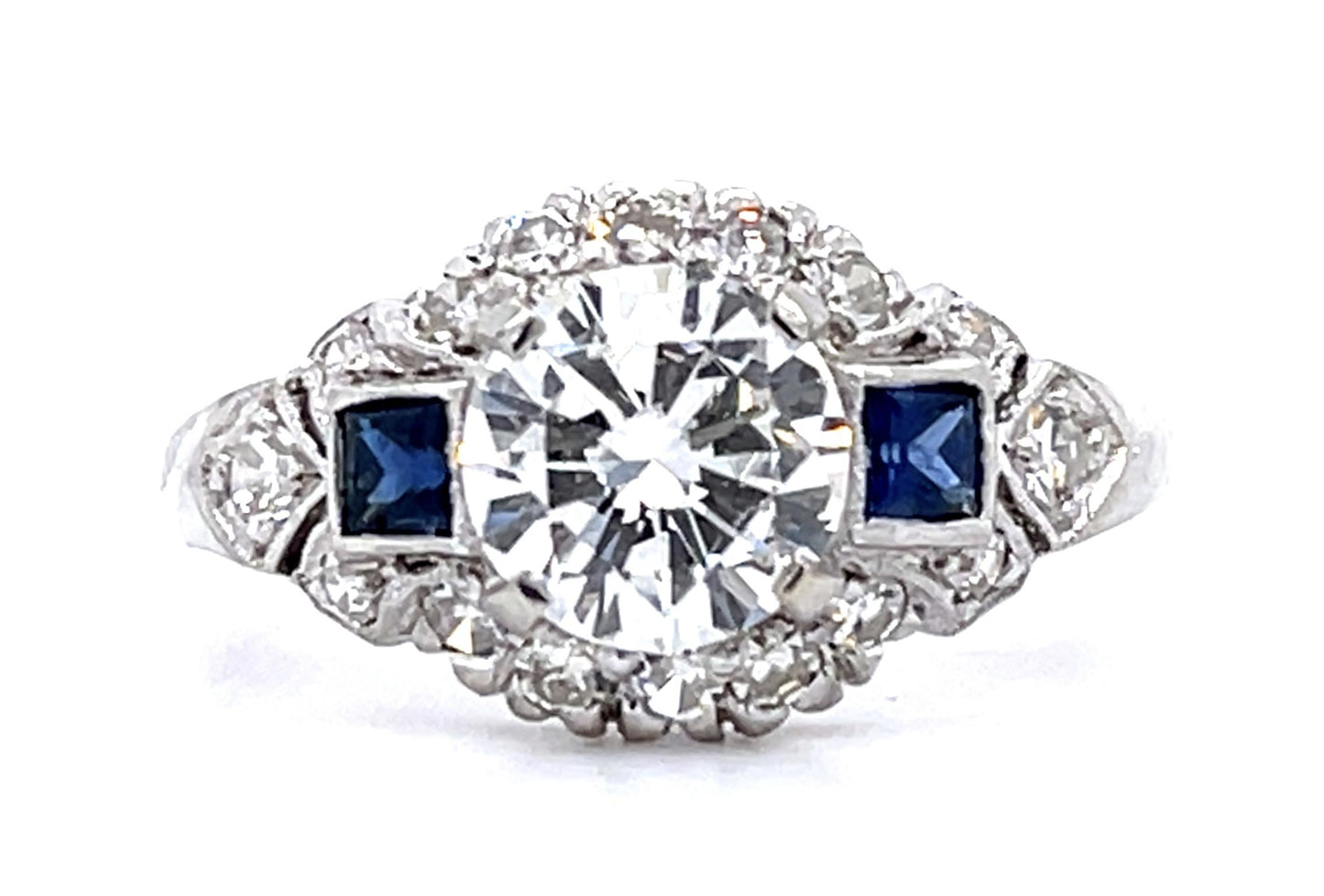 .96ct G SI1 Round Diamond .10ct Sapphire PT Ring .32ct SD