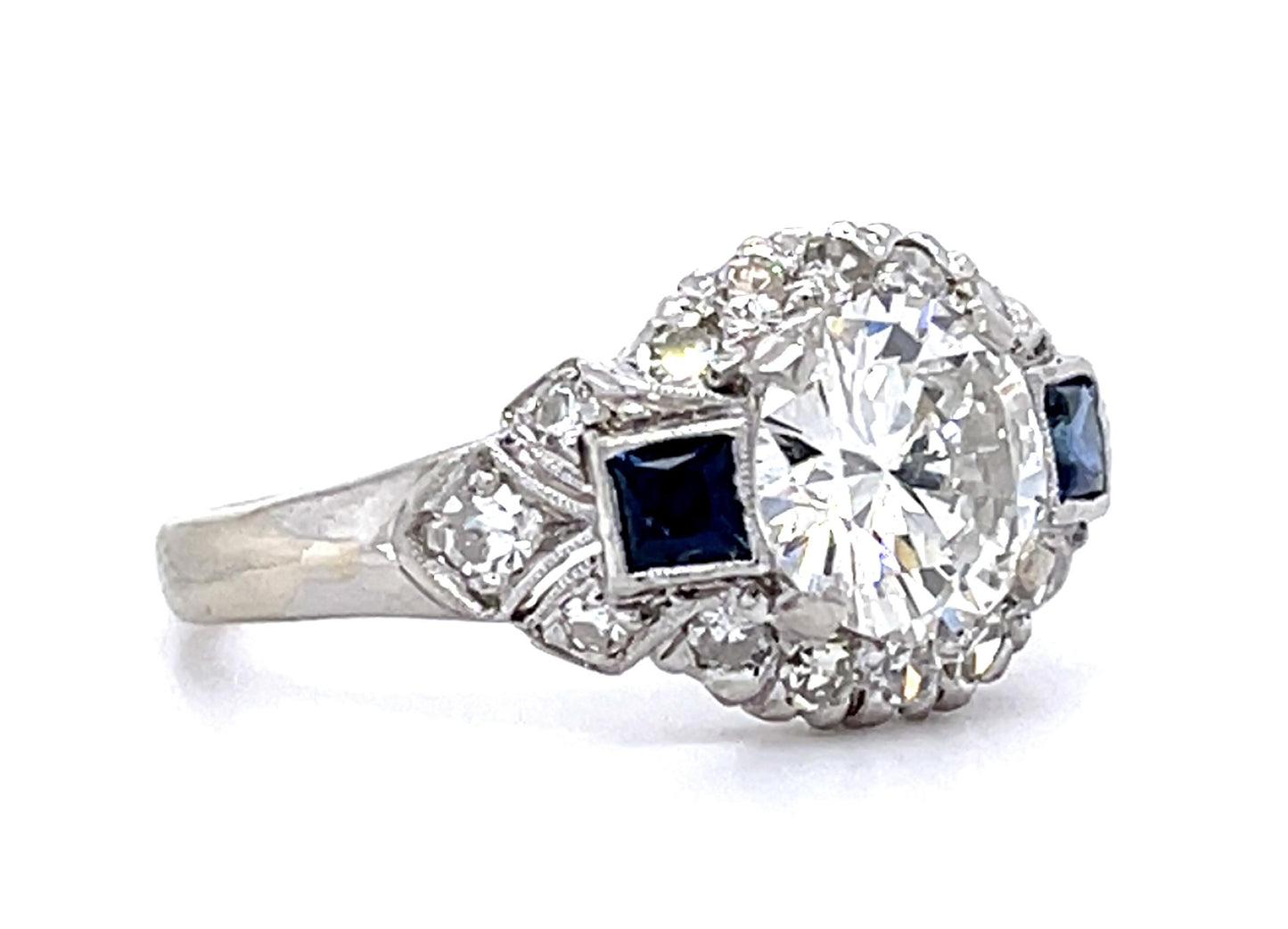 .96ct G SI1 Round Diamond .10ct Sapphire PT Ring .32ct SD