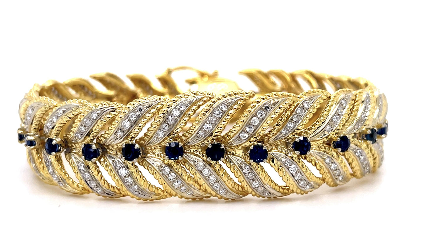 2.50ct Sapphire 3ct (224 Diamonds) 18KY Bracelet (Vintage 1960s) 47.20g 7"