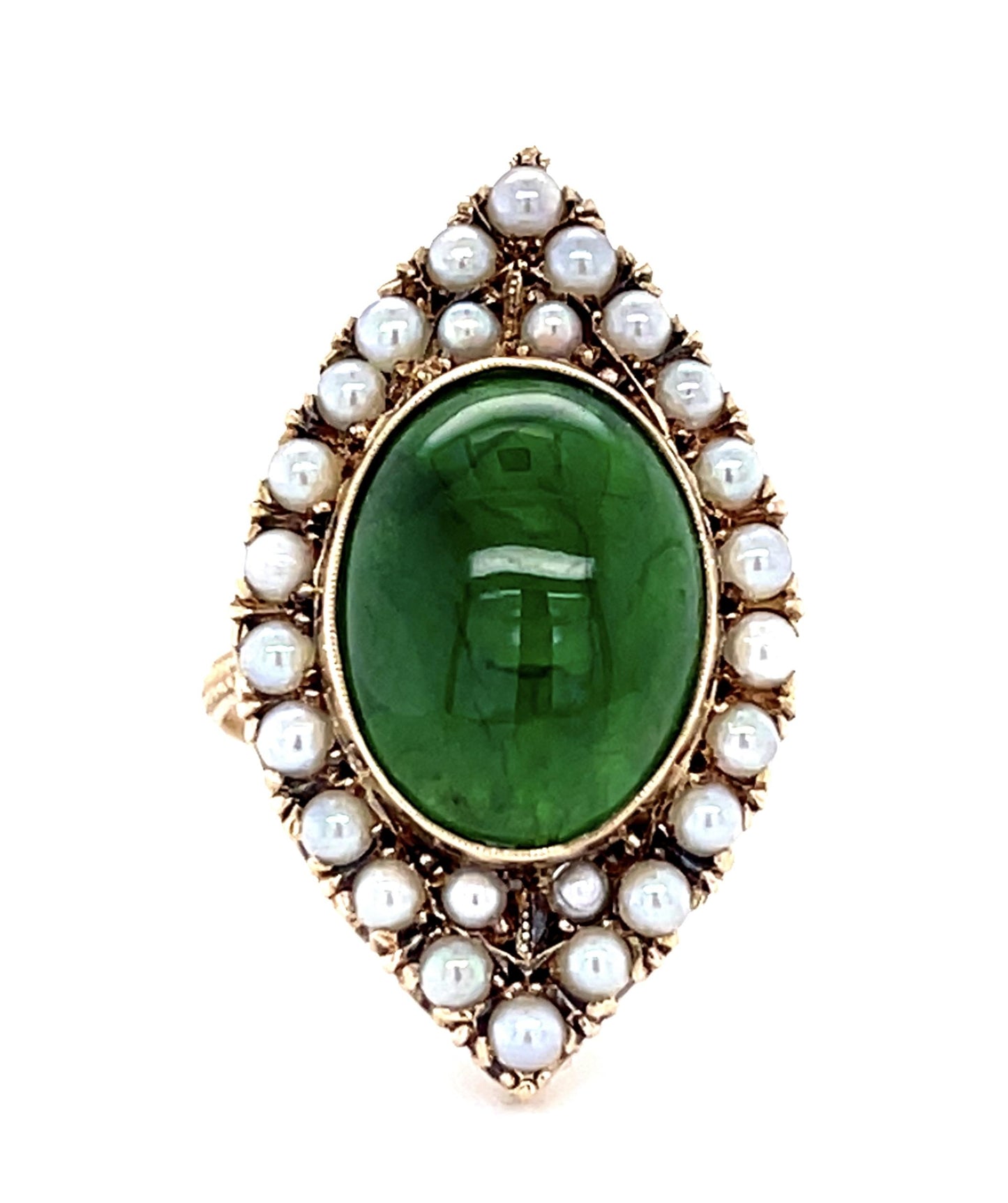 Victorian 5.50ct Jade 14KY Yellow Gold Ring (Antique 1890s) 4.70g Seed Pearl