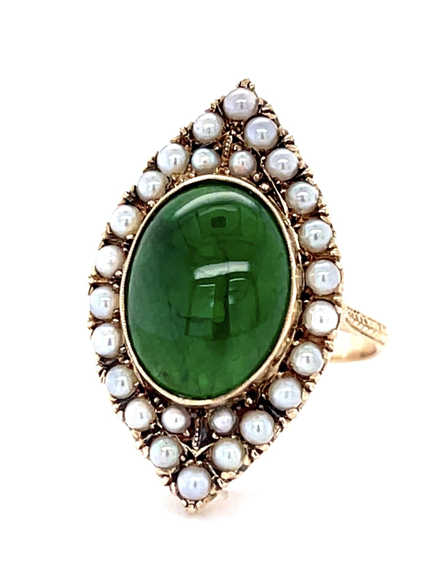 Victorian 5.50ct Jade 14KY Yellow Gold Ring (Antique 1890s) 4.70g Seed Pearl